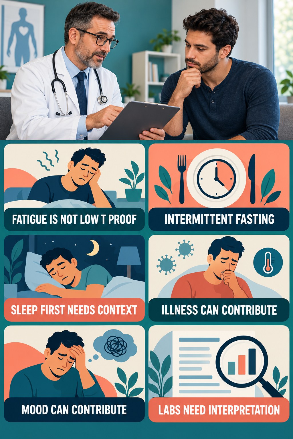 Fatigue Has Many Possible Causes testosterone-health-awareness infographic for Intermittent Fasting with four concise educational checks.