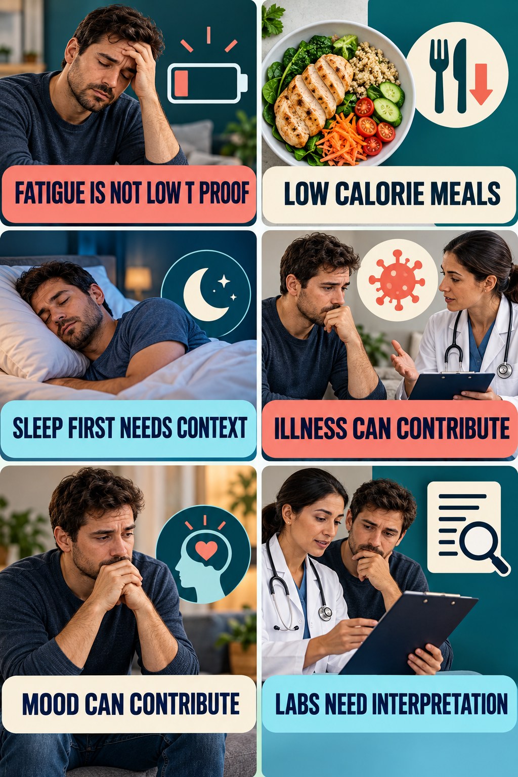 Fatigue Has Many Possible Causes testosterone-health-awareness infographic for Low Calorie Meals with four concise educational checks.