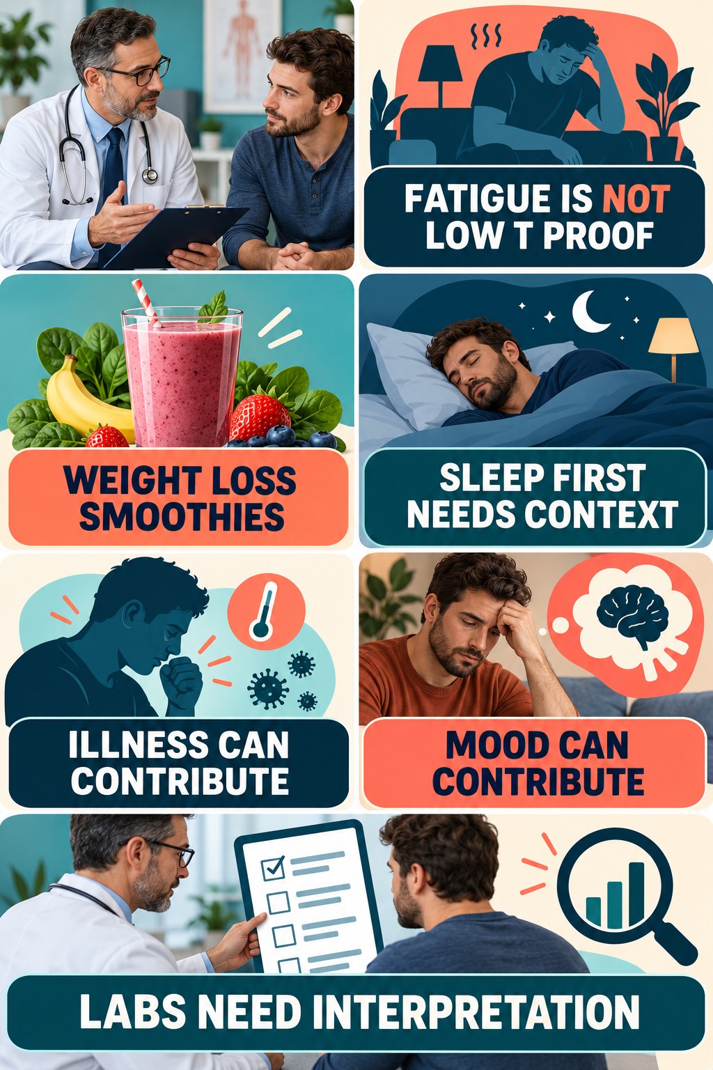 Fatigue Has Many Possible Causes testosterone-health-awareness infographic for Weight Loss Smoothies with four concise educational checks.