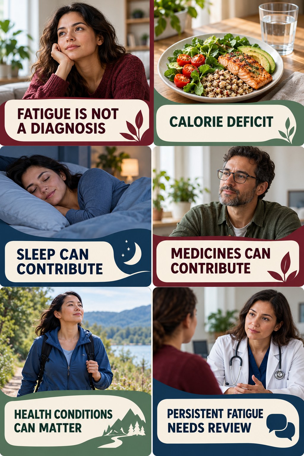 Fatigue Is a Symptom, Not a Diagnosis natural-energy and hormone-health-literacy infographic for Calorie Deficit with four practical checks.