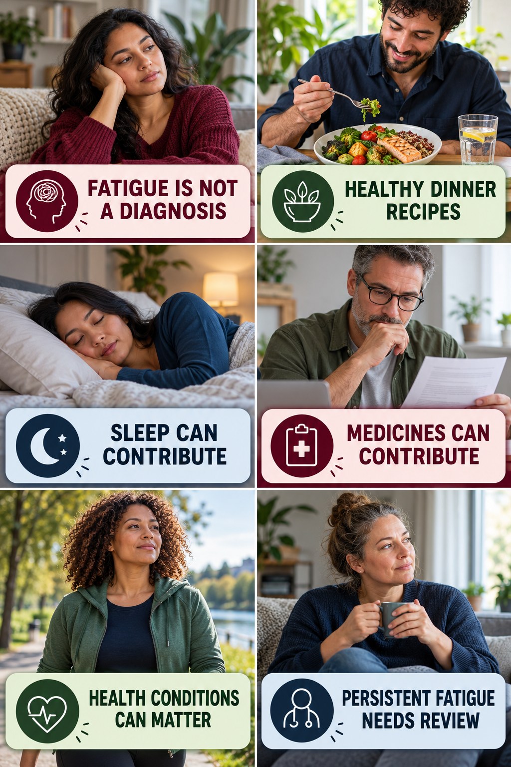 Fatigue Is a Symptom, Not a Diagnosis natural-energy and hormone-health-literacy infographic for Healthy Dinner Recipes with four practical checks.