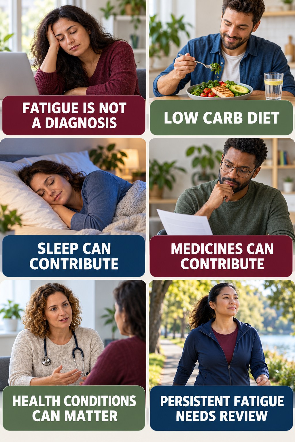 Fatigue Is a Symptom, Not a Diagnosis natural-energy and hormone-health-literacy infographic for Low Carb Diet with four practical checks.