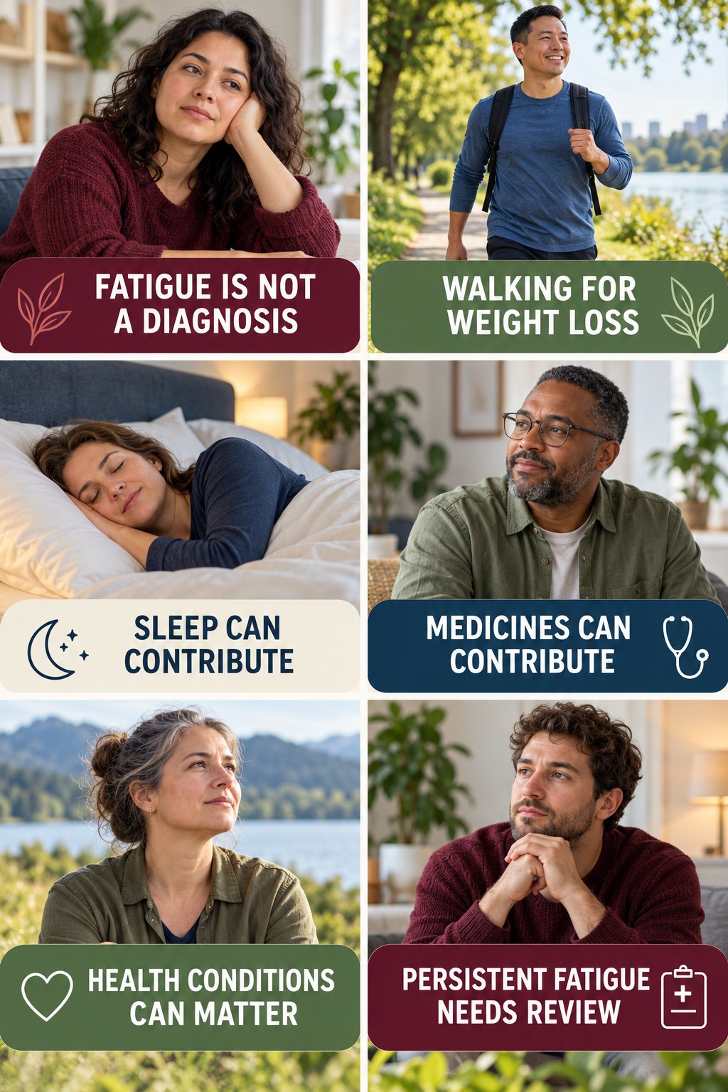 Fatigue Is a Symptom, Not a Diagnosis natural-energy and hormone-health-literacy infographic for Walking for Weight Loss with four practical checks.