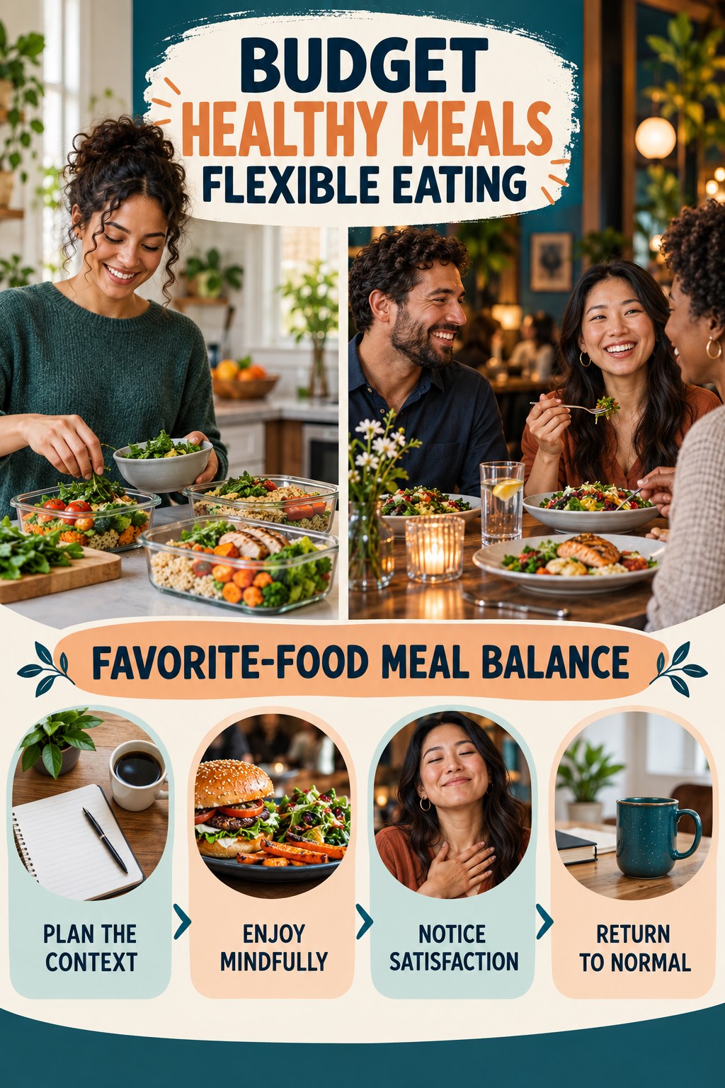 Budget Healthy Meals flexible eating graphic titled Favorite-Food Meal Balance with four practical balance prompts.