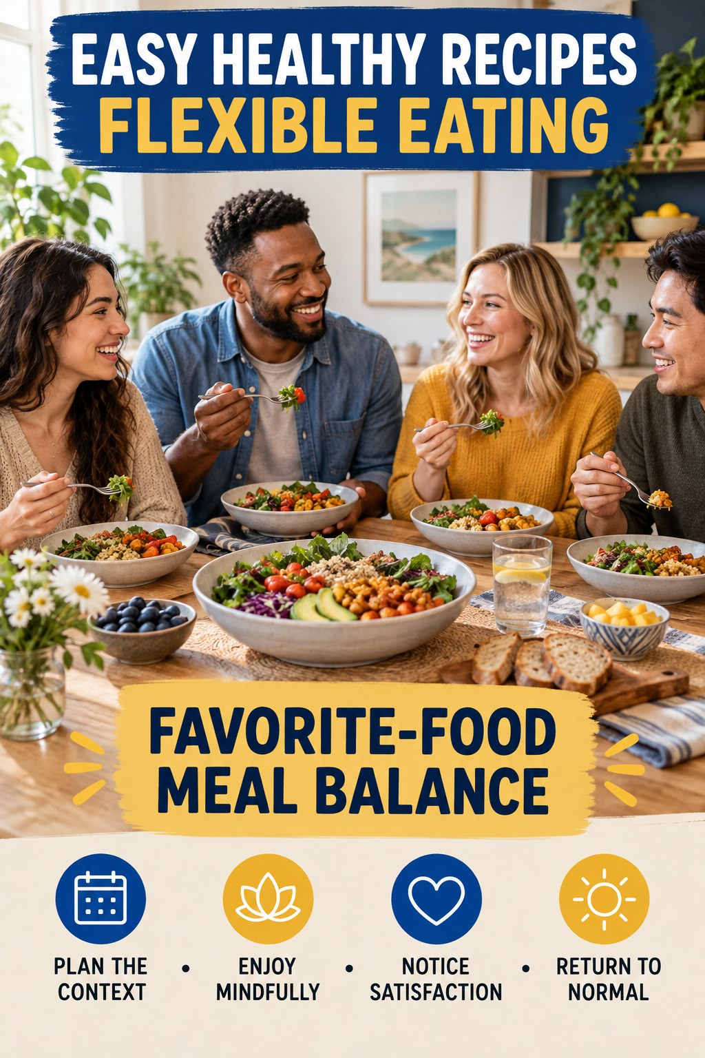 Easy Healthy Recipes flexible eating graphic titled Favorite-Food Meal Balance with four practical balance prompts.