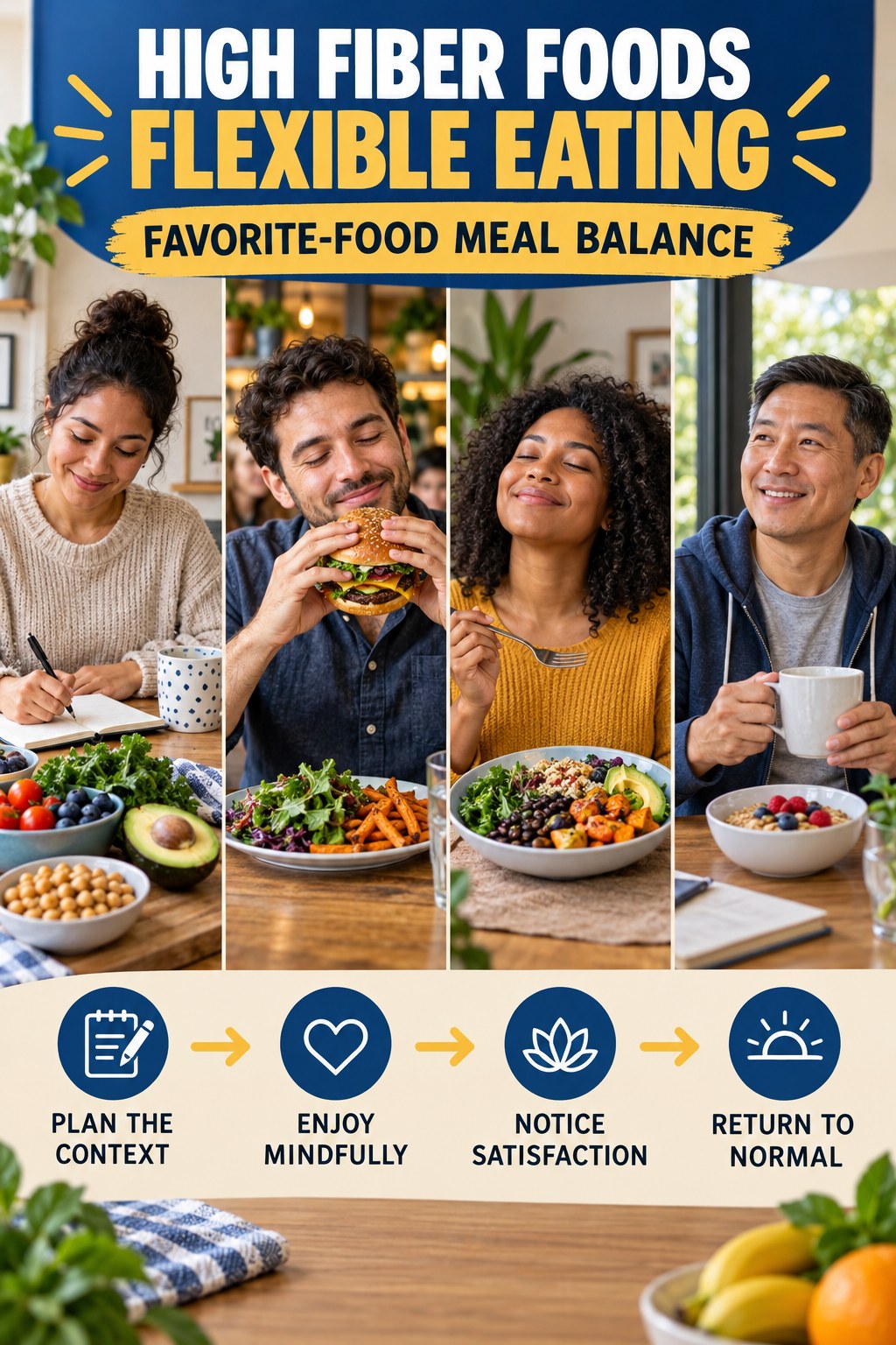 High Fiber Foods flexible eating graphic titled Favorite-Food Meal Balance with four practical balance prompts.