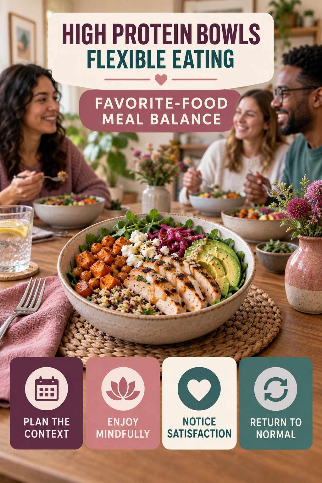 High Protein Bowls flexible eating graphic titled Favorite-Food Meal Balance with four practical balance prompts.