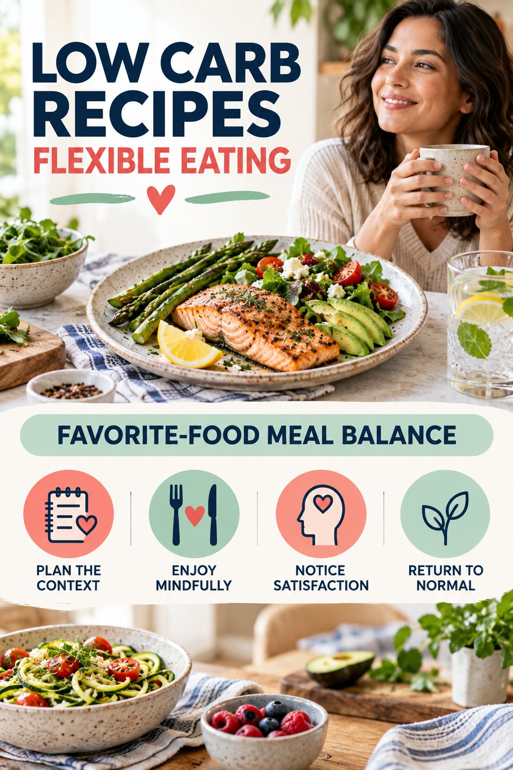Low Carb Recipes flexible eating graphic titled Favorite-Food Meal Balance with four practical balance prompts.