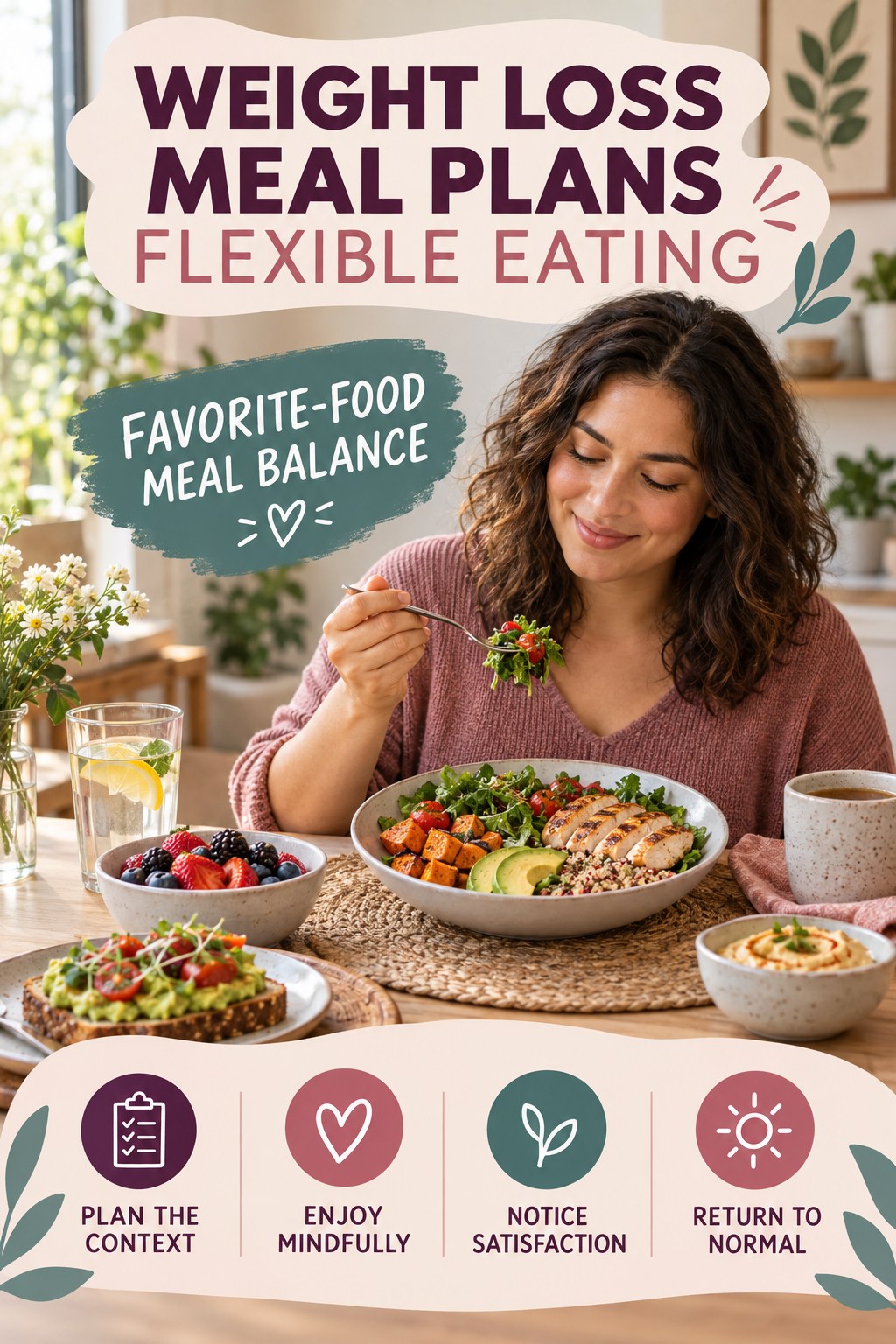 Weight Loss Meal Plans flexible eating graphic titled Favorite-Food Meal Balance with four practical balance prompts.