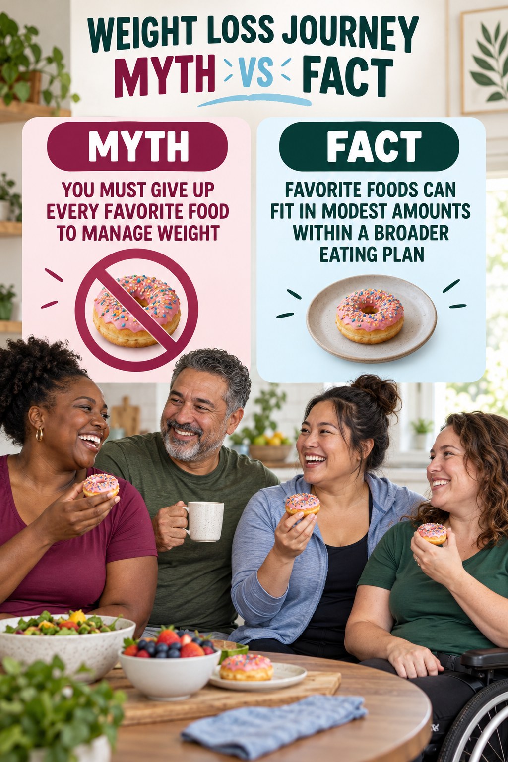 Weight Loss Journey Myth vs Fact graphic correcting the misconception about favorite foods.