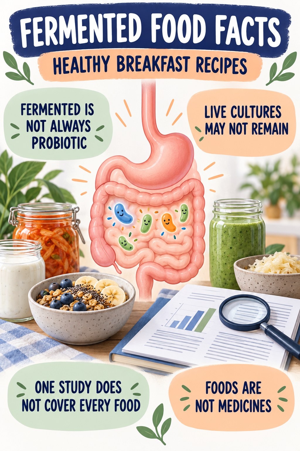 Fermented Foods Without Miracle Claims educational infographic for Healthy Breakfast Recipes with four evidence-aware points.