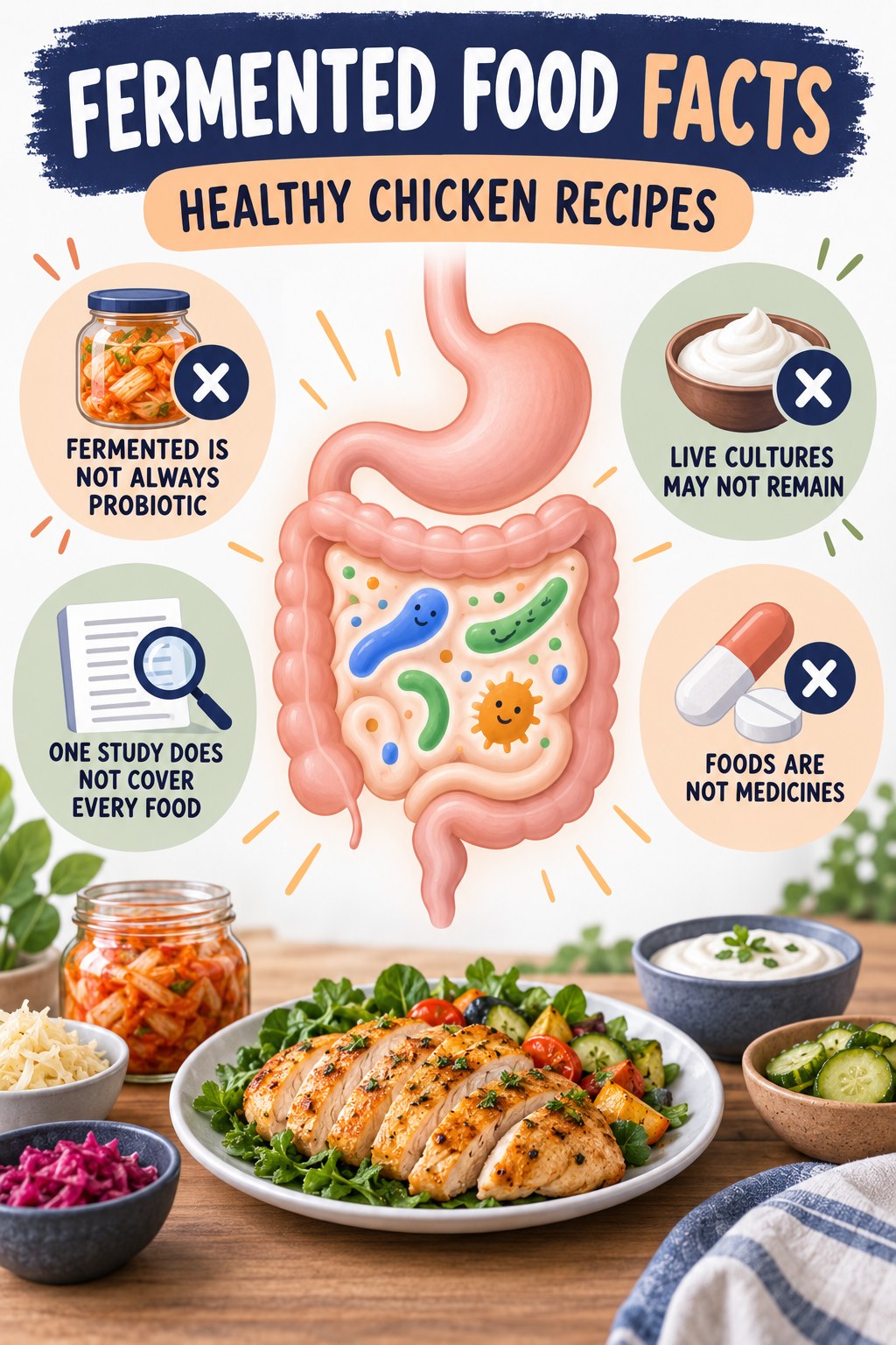 Fermented Foods Without Miracle Claims educational infographic for Healthy Chicken Recipes with four evidence-aware points.