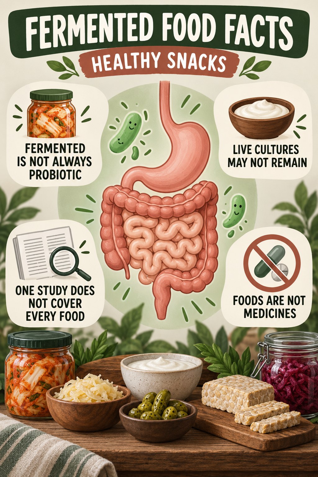 Fermented Foods Without Miracle Claims educational infographic for Healthy Snacks with four evidence-aware points.