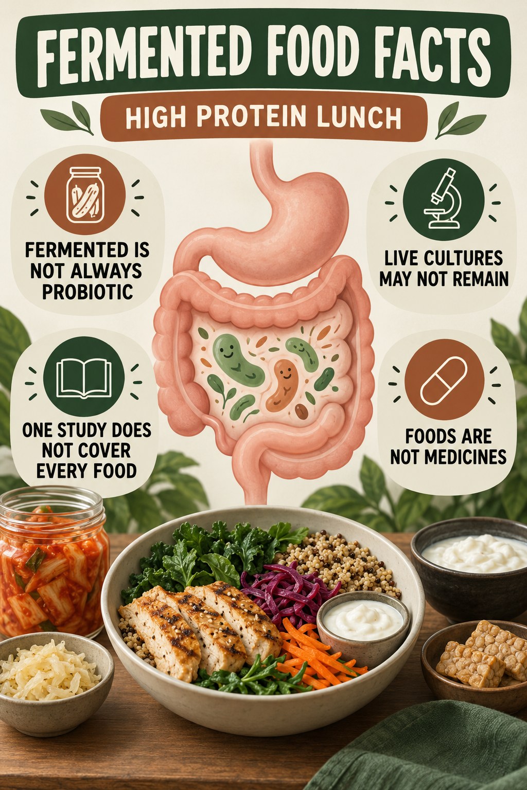 Fermented Foods Without Miracle Claims educational infographic for High Protein Lunch with four evidence-aware points.