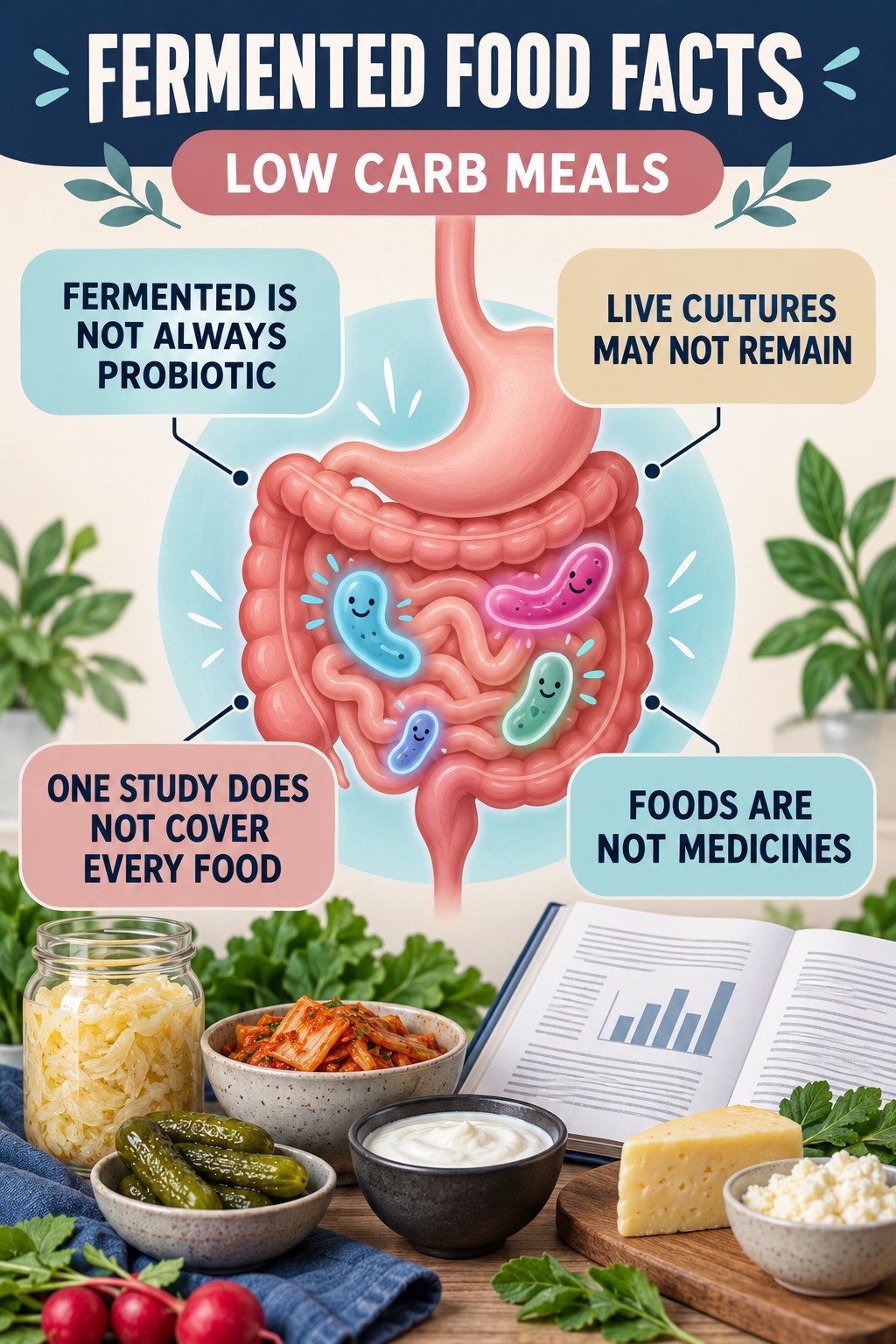 Fermented Foods Without Miracle Claims educational infographic for Low Carb Meals with four evidence-aware points.