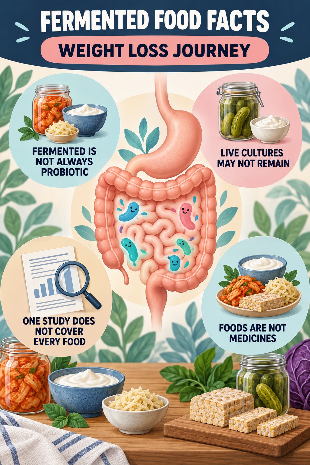 Fermented Foods Without Miracle Claims educational infographic for Weight Loss Journey with four evidence-aware points.