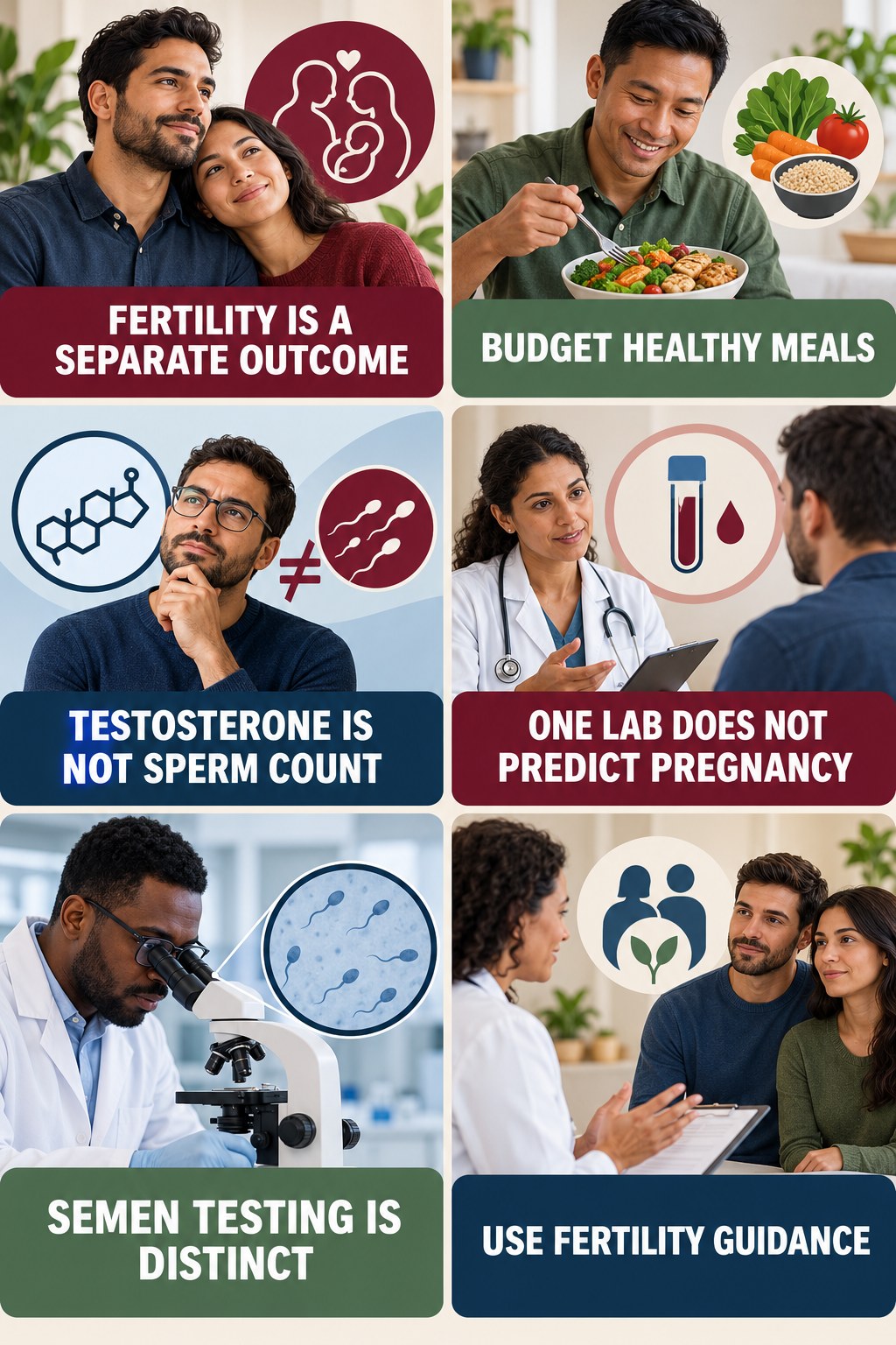 Fertility Needs Its Own Evaluation testosterone-health-awareness infographic for Budget Healthy Meals with four concise educational checks.