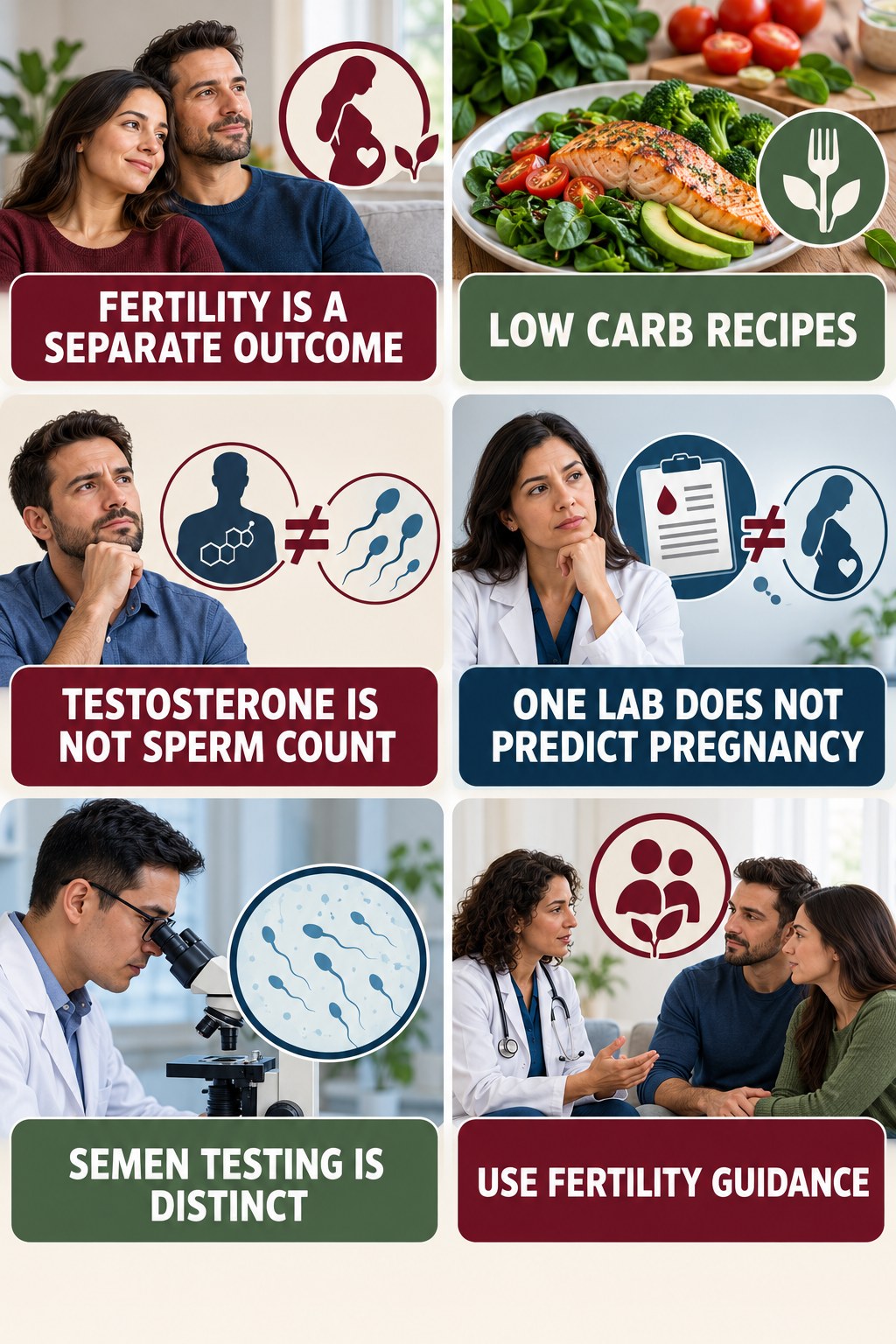 Fertility Needs Its Own Evaluation testosterone-health-awareness infographic for Low Carb Recipes with four concise educational checks.