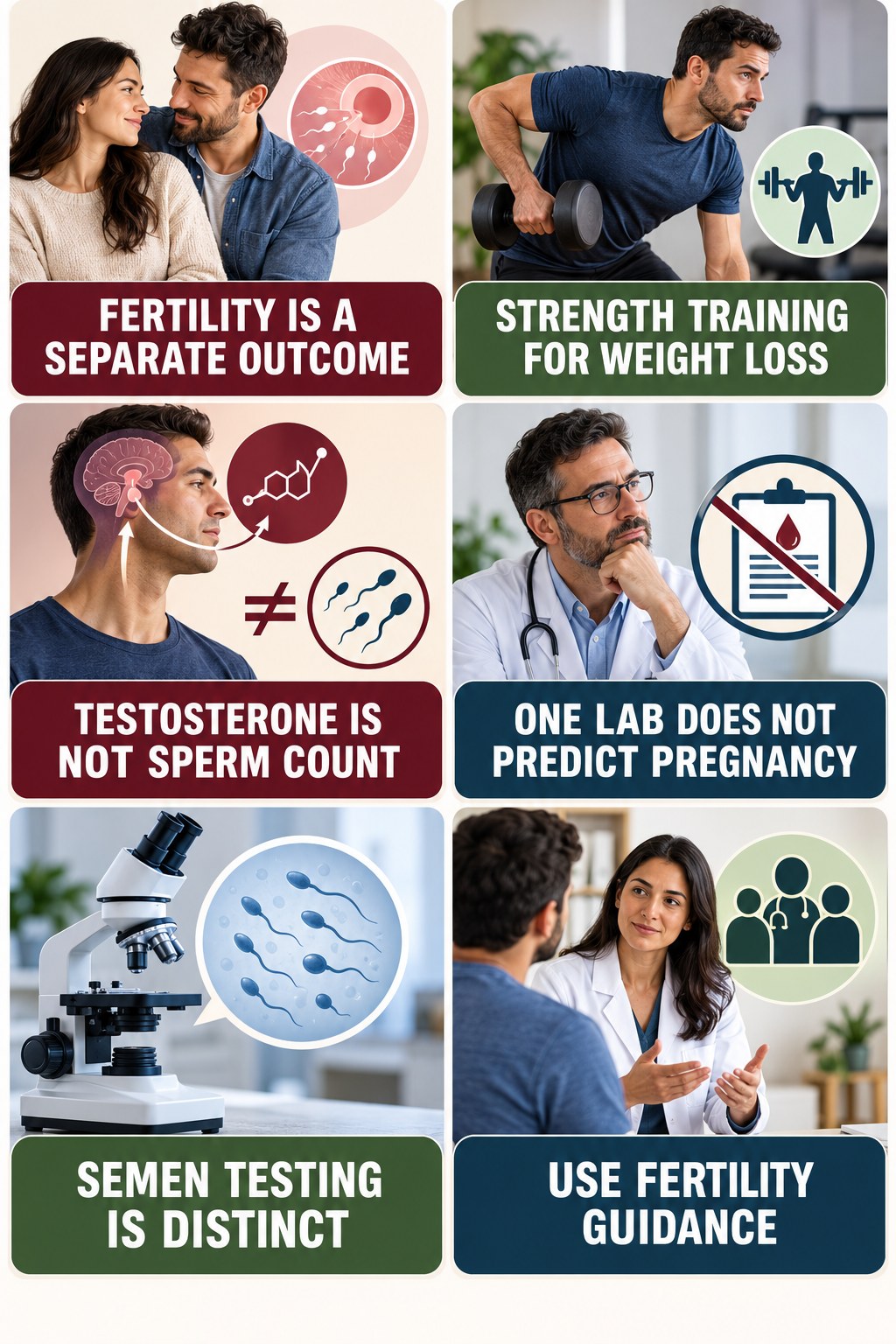 Fertility Needs Its Own Evaluation testosterone-health-awareness infographic for Strength Training for Weight Loss with four concise educational checks.