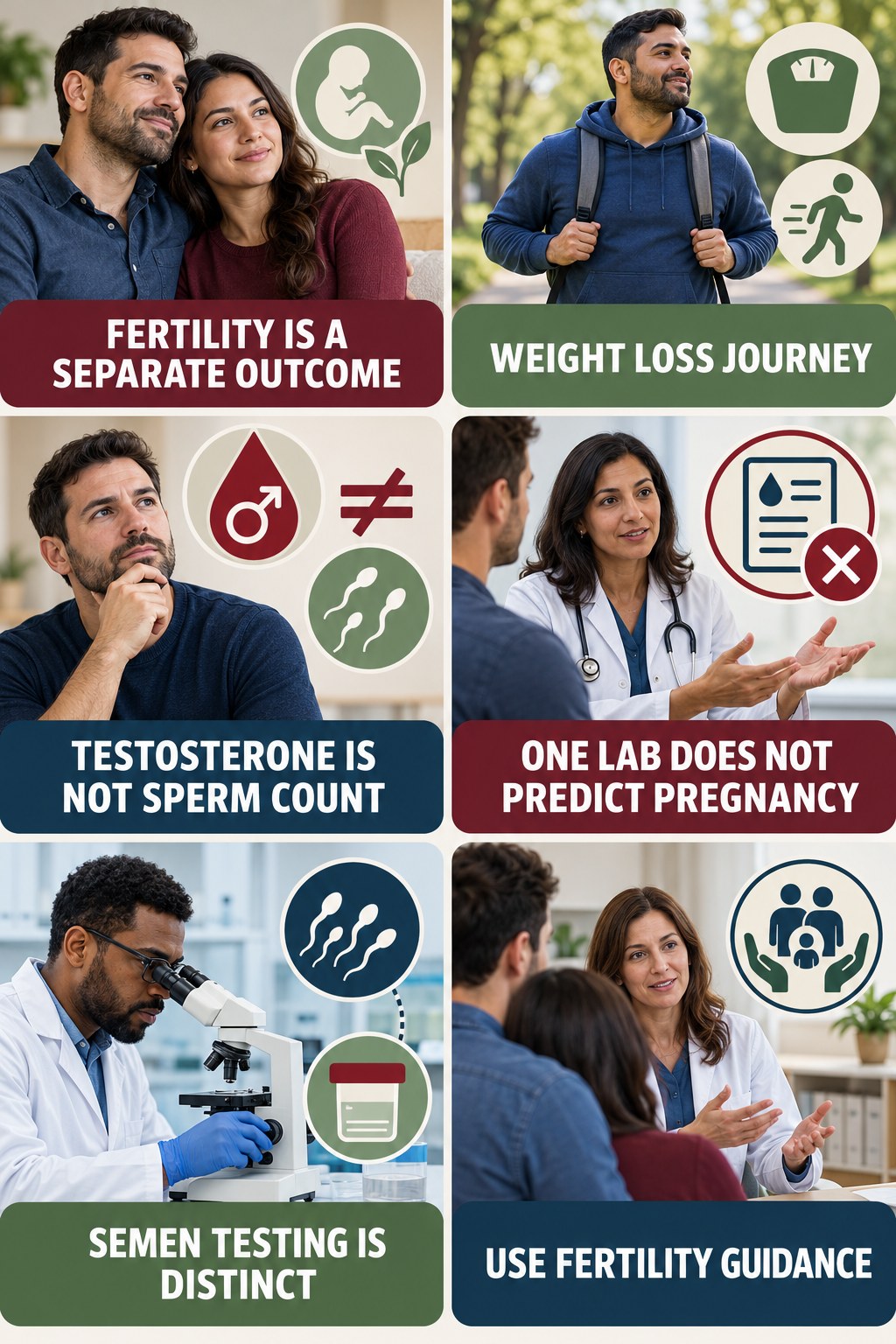 Fertility Needs Its Own Evaluation testosterone-health-awareness infographic for Weight Loss Journey with four concise educational checks.