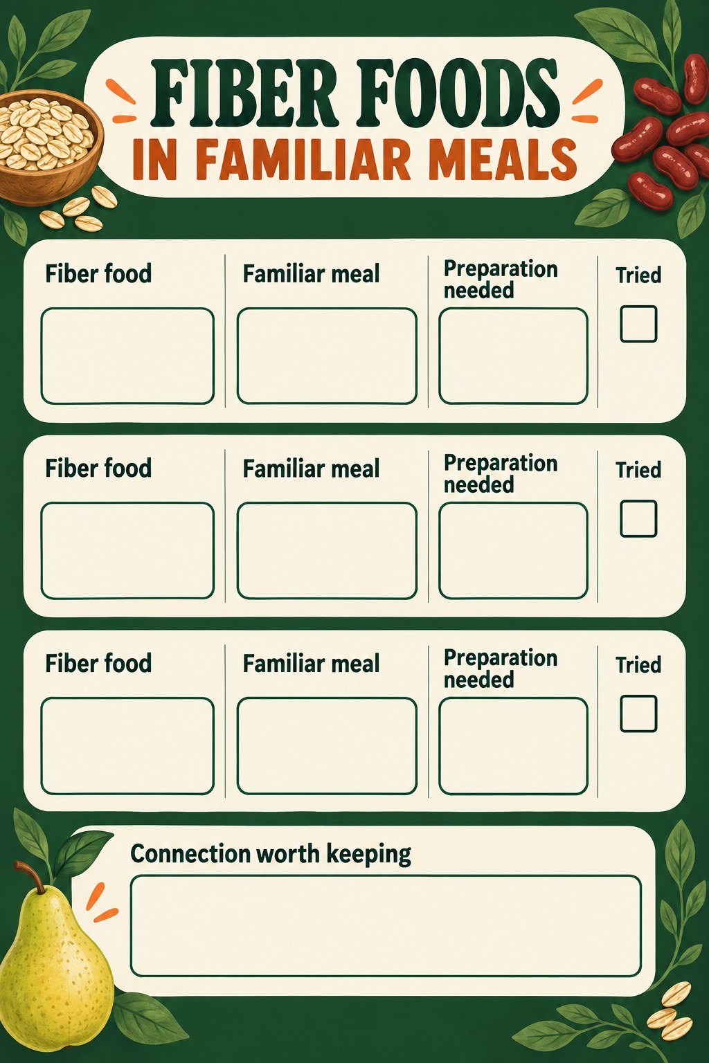 Blank fiber food connection map with three food-to-meal rows and preparation and tried fields.