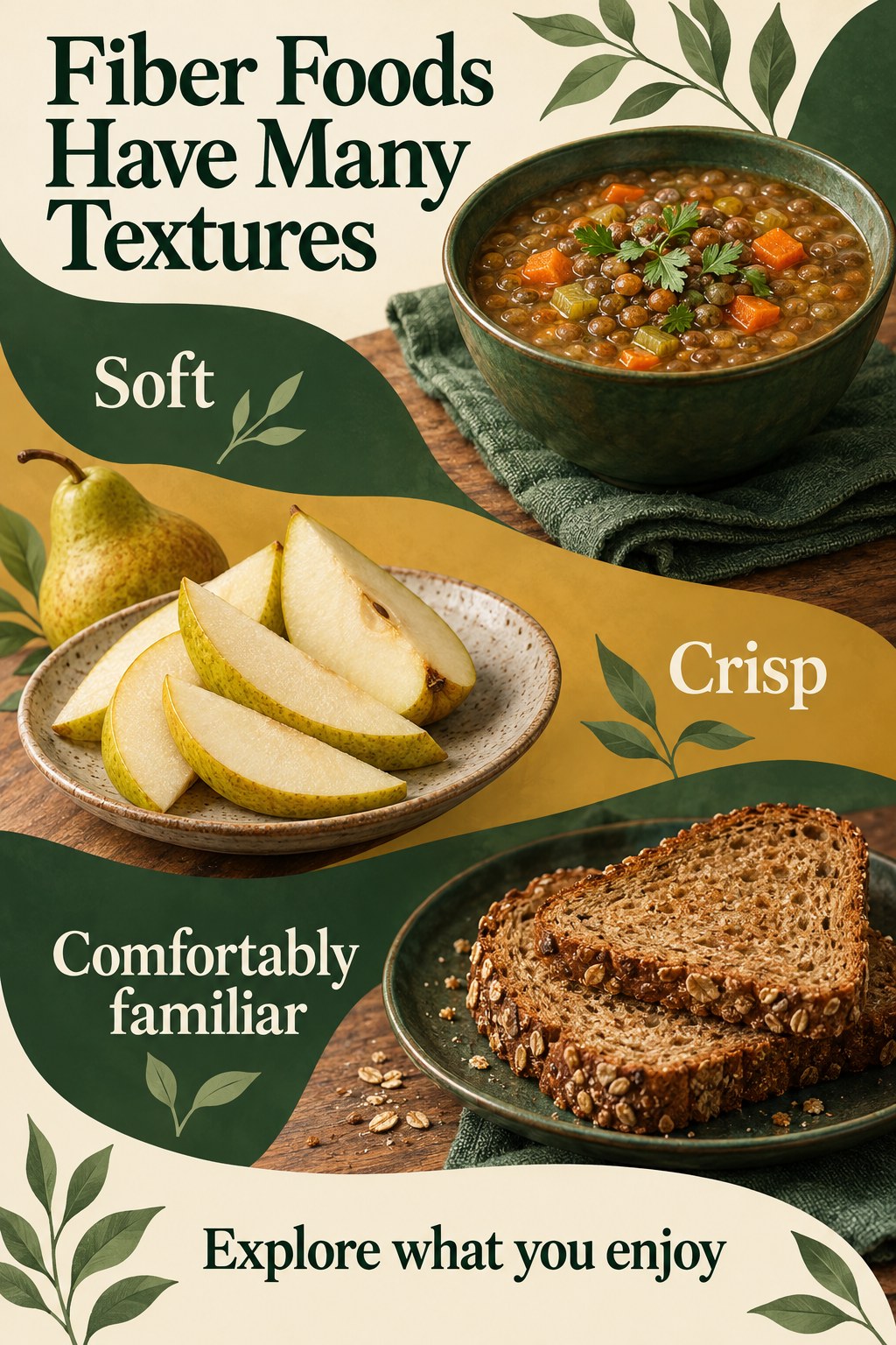 Lentil soup, a sliced pear, and whole grain toast showing several textures with a curiosity-focused headline.