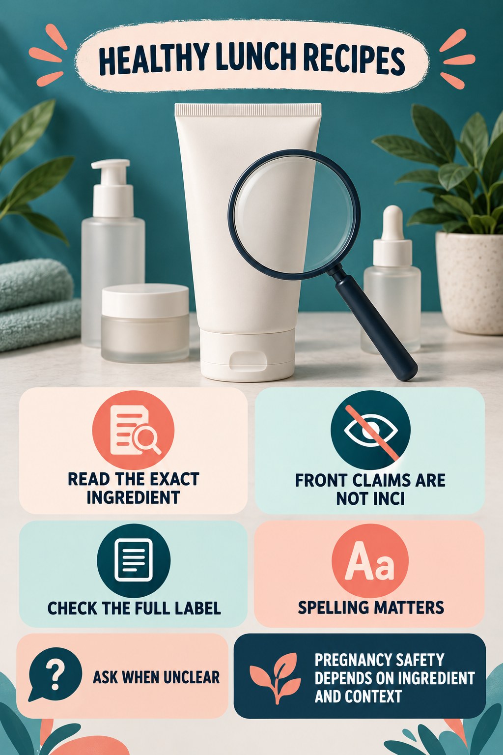 Find the Exact INCI Ingredient Name pregnancy skincare ingredient-question infographic for Healthy Lunch Recipes with four careful label-review points.