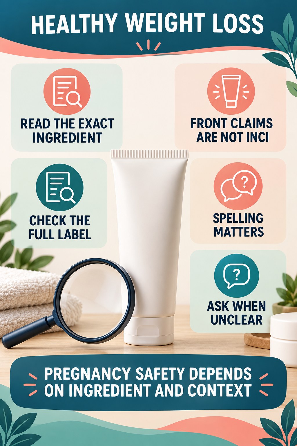 Find the Exact INCI Ingredient Name pregnancy skincare ingredient-question infographic for Healthy Weight Loss with four careful label-review points.