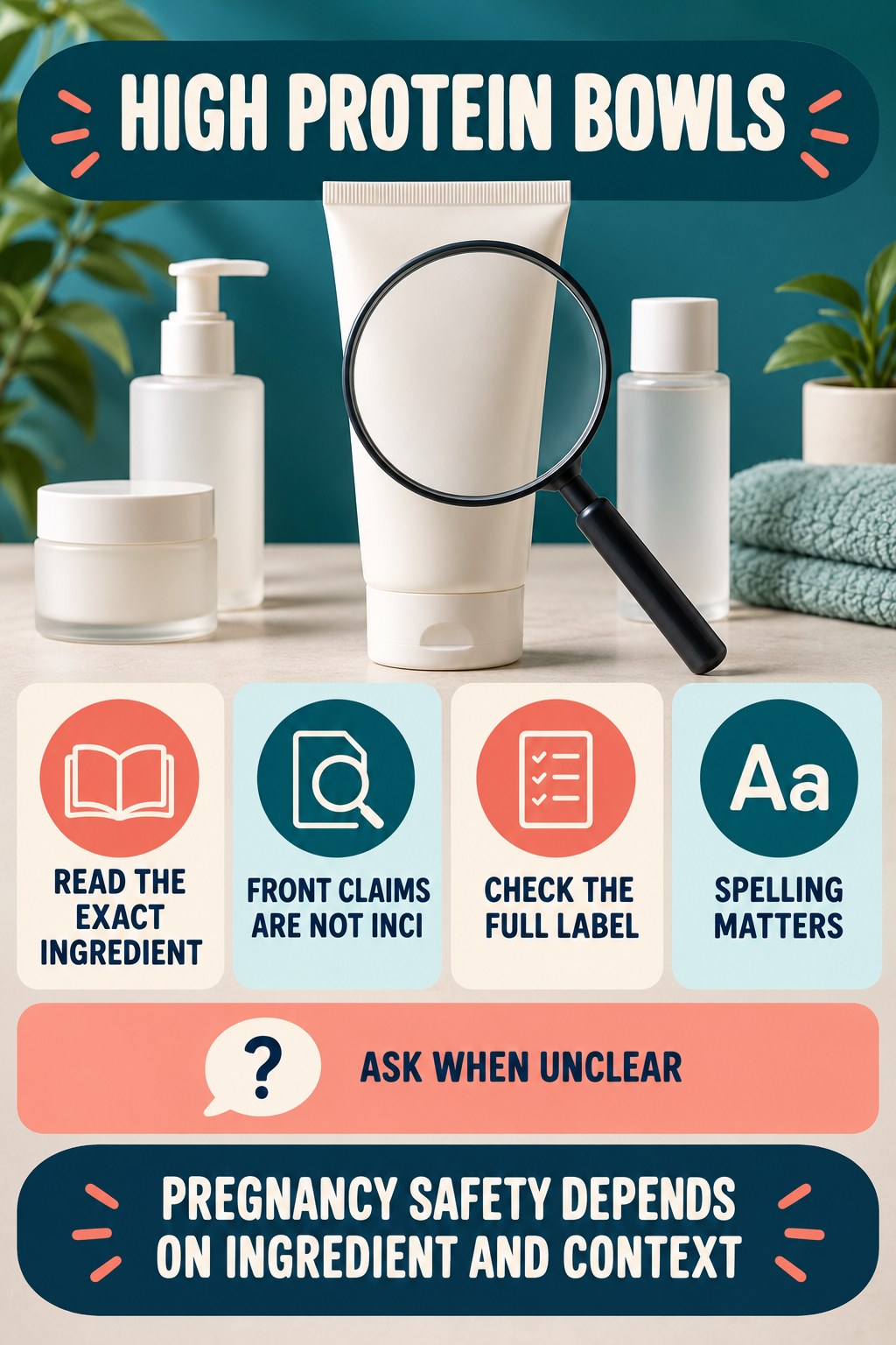 Find the Exact INCI Ingredient Name pregnancy skincare ingredient-question infographic for High Protein Bowls with four careful label-review points.