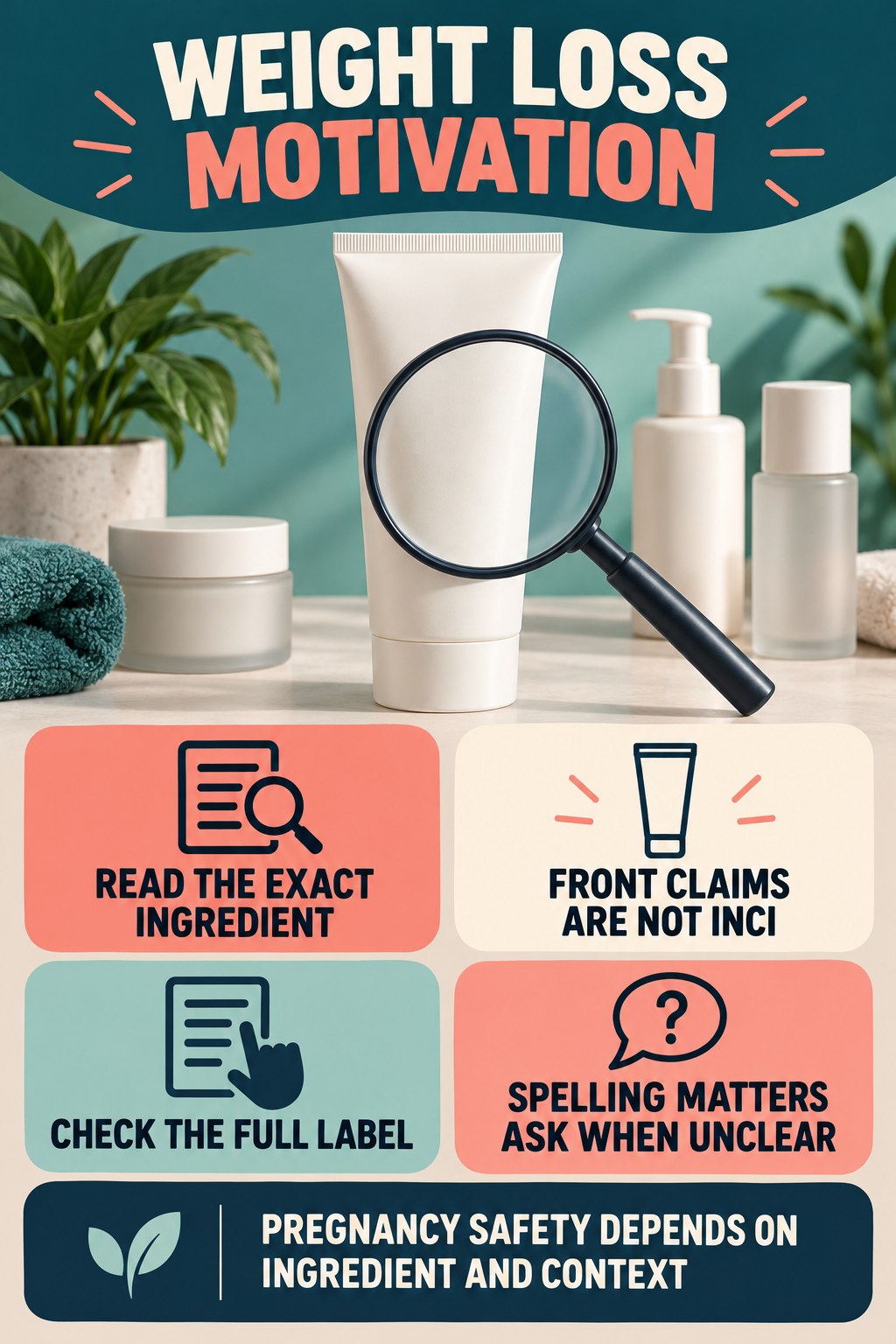 Find the Exact INCI Ingredient Name pregnancy skincare ingredient-question infographic for Weight Loss Motivation with four careful label-review points.