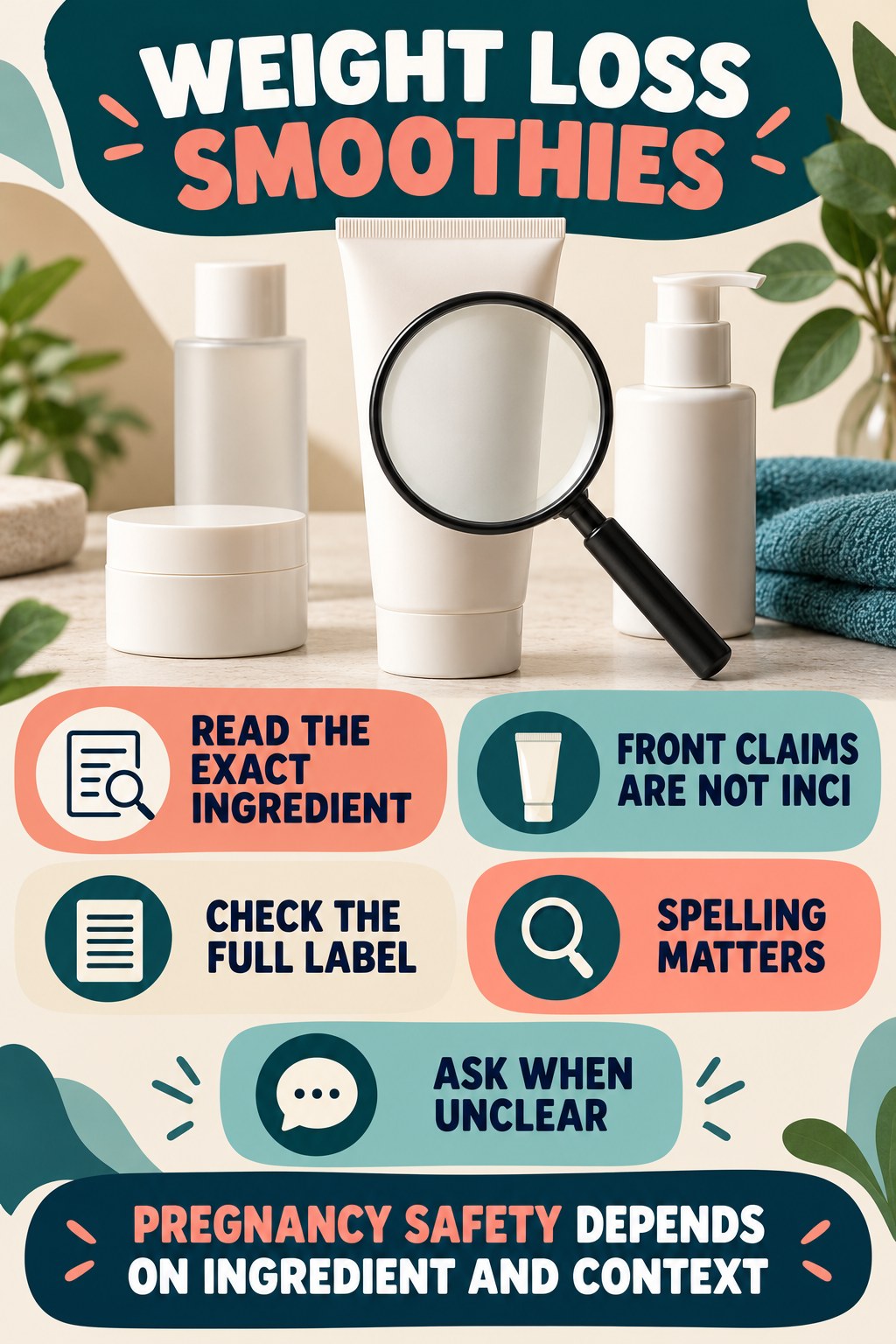 Find the Exact INCI Ingredient Name pregnancy skincare ingredient-question infographic for Weight Loss Smoothies with four careful label-review points.