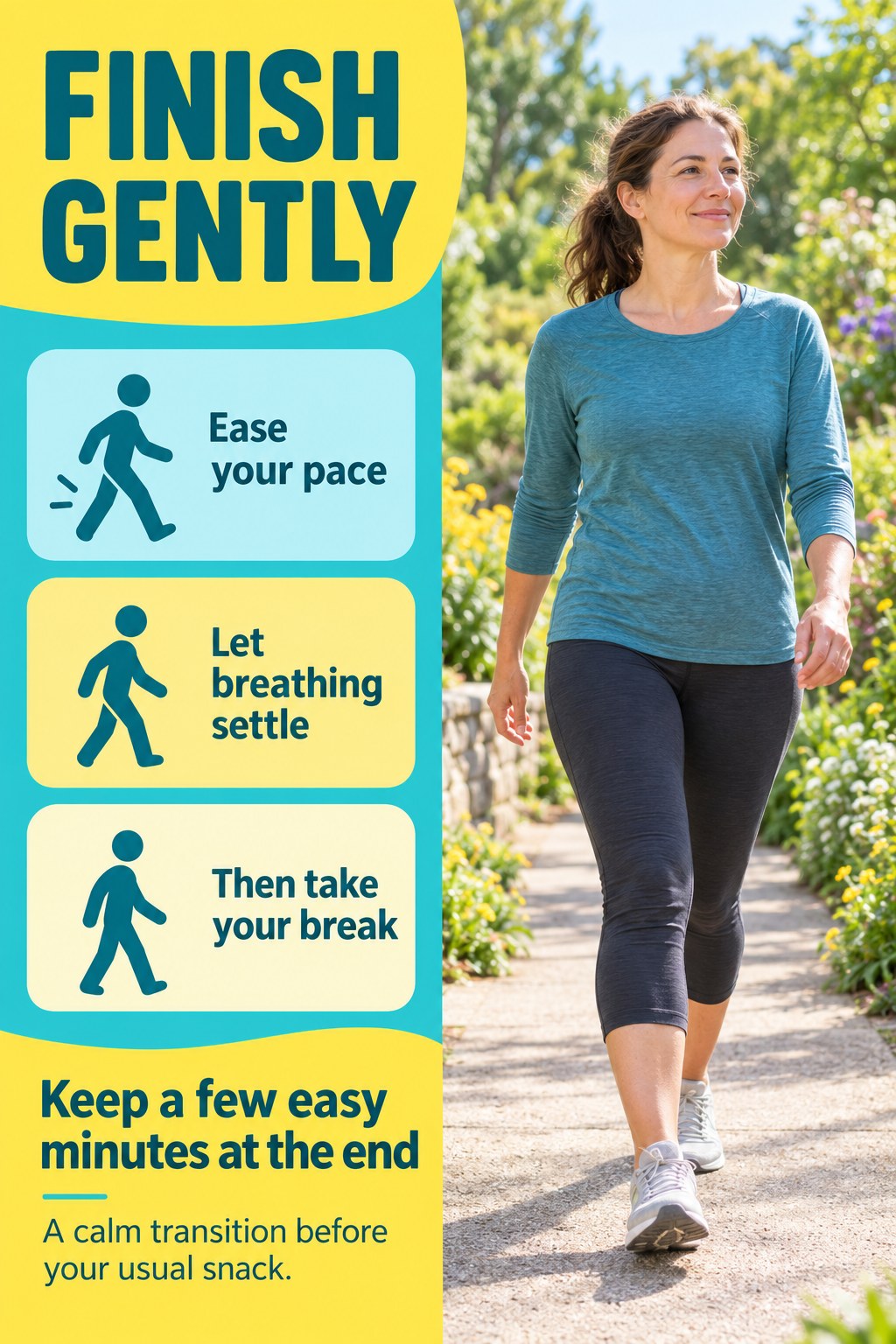 Woman walks calmly along a garden path beside turquoise and yellow cues to ease pace and let breathing settle.