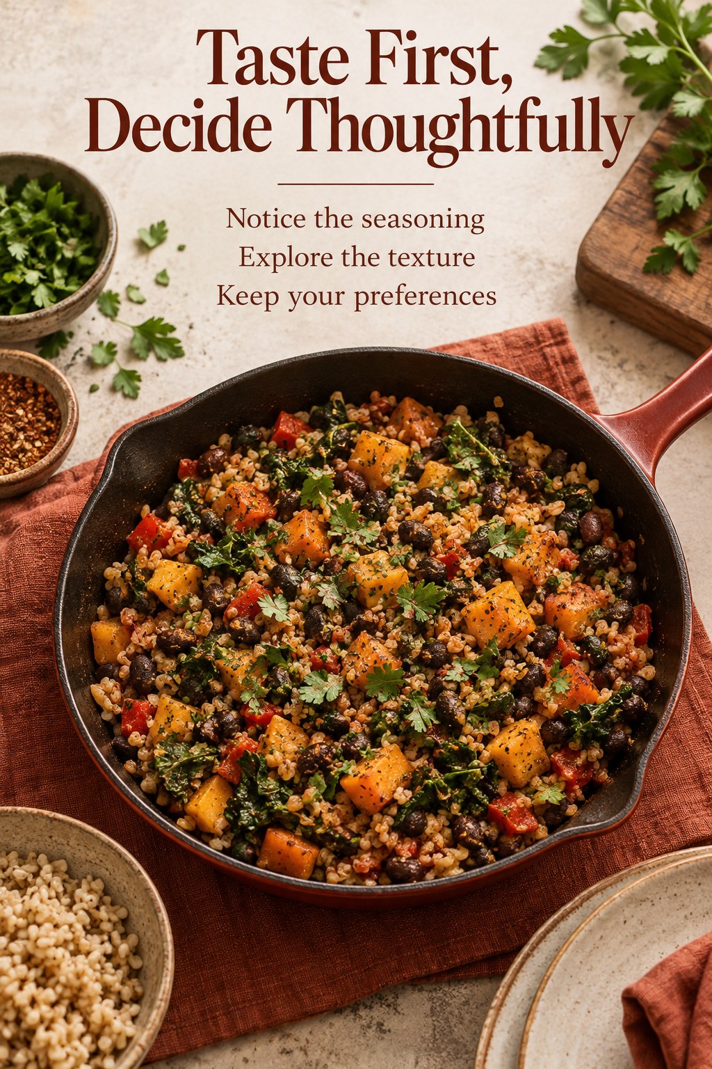 A cooked bean and vegetable skillet with the headline Taste First, Decide Thoughtfully.