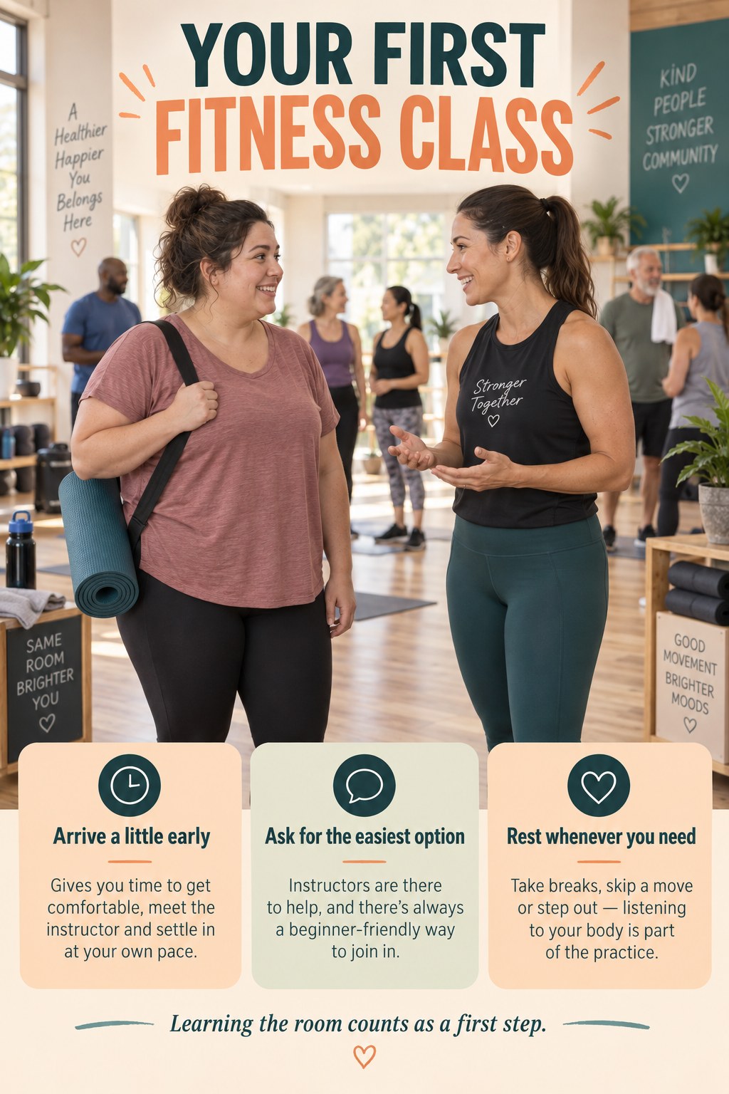 A beginner woman talks with an instructor in a welcoming studio before a group fitness class.