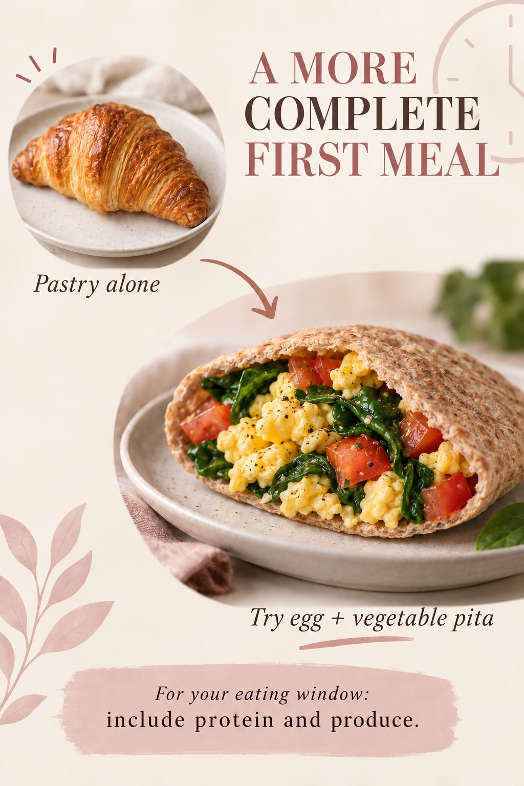 Rose and cream graphic compares a croissant alone with a pita filled with scrambled egg, tomato, and spinach.