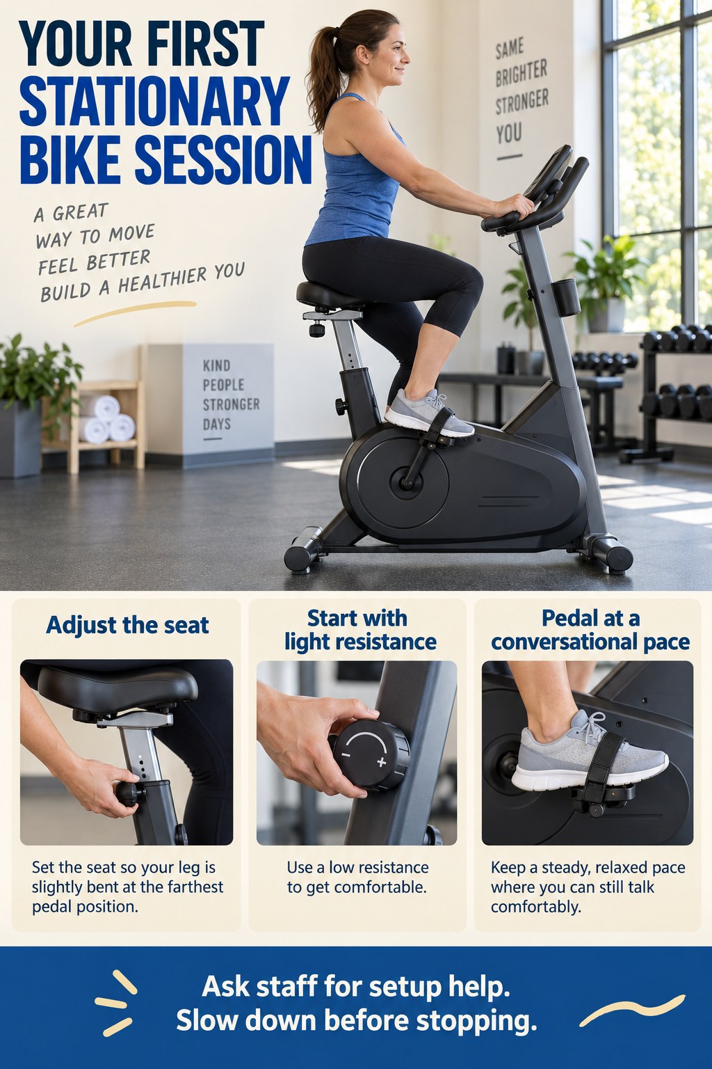 A beginner rides a stationary bike beside instructions to adjust the seat, start with light resistance, and pedal comfortably.