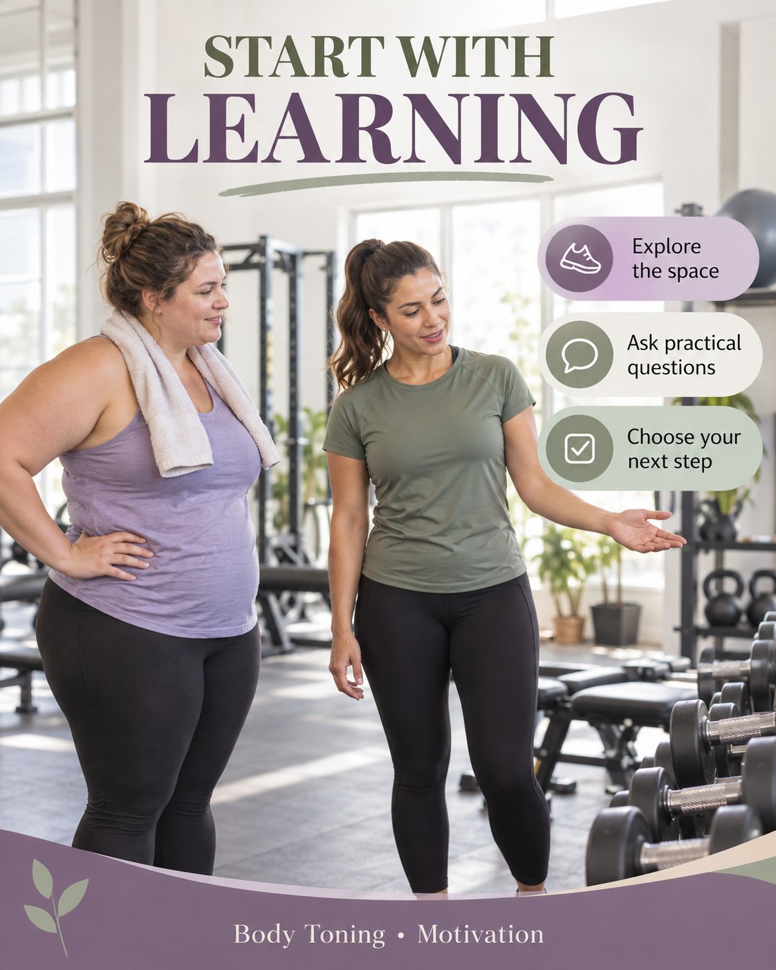 A beginner adult talking with a fitness instructor in a clear, welcoming gym space.