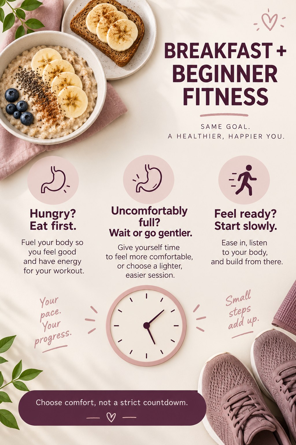 Breakfast foods, a clock, and shoes illustrate hunger, fullness, and readiness checks before beginner exercise.