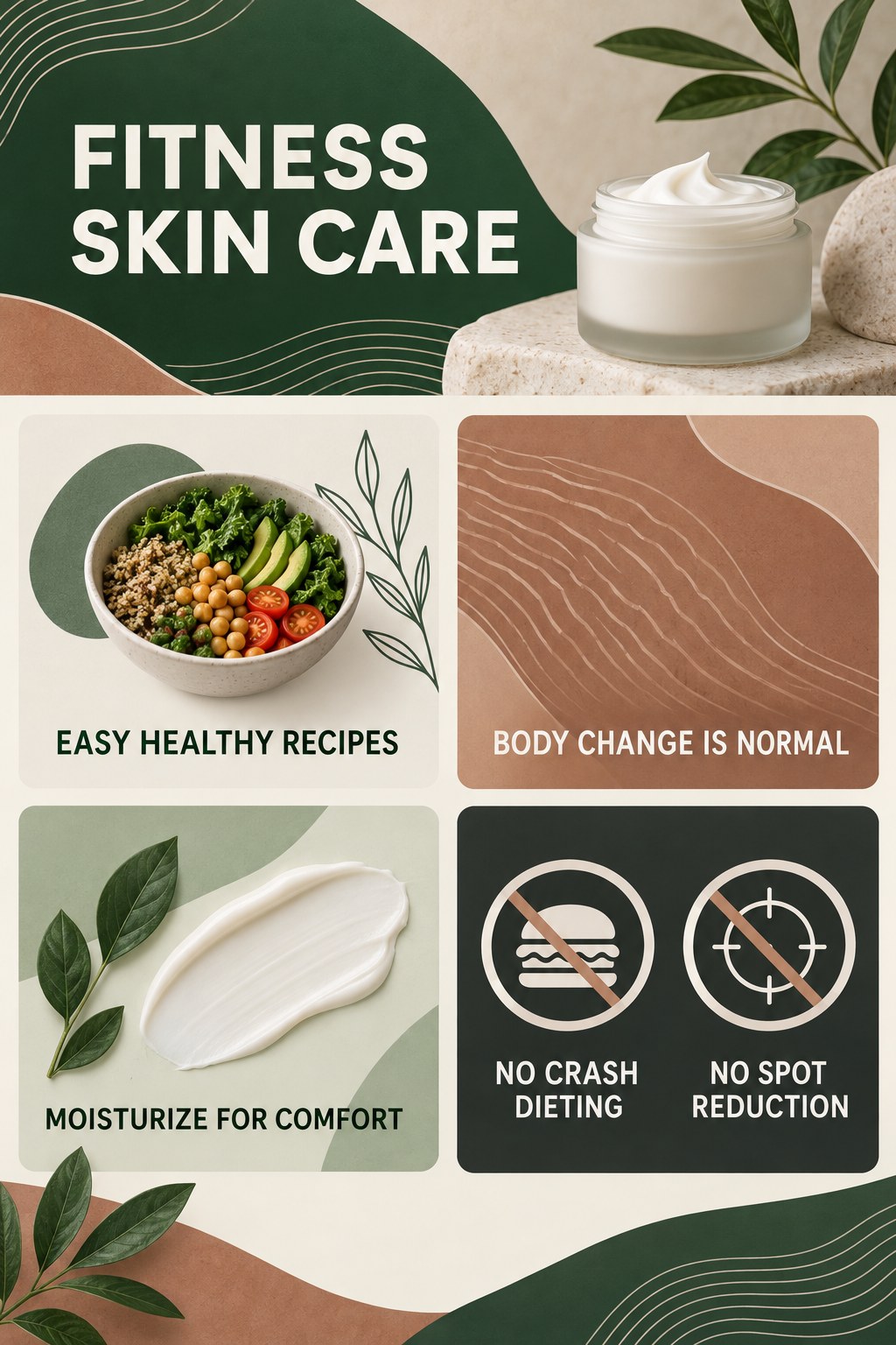 Fitness Skin Care Without Weight-Loss Claims infographic for Easy Healthy Recipes with four concise, body-neutral stretch-mark skincare points.
