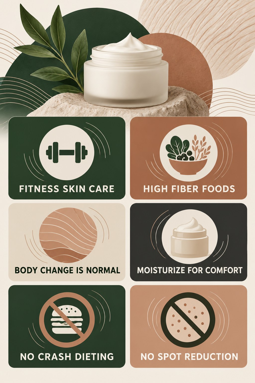 Fitness Skin Care Without Weight-Loss Claims infographic for High Fiber Foods with four concise, body-neutral stretch-mark skincare points.