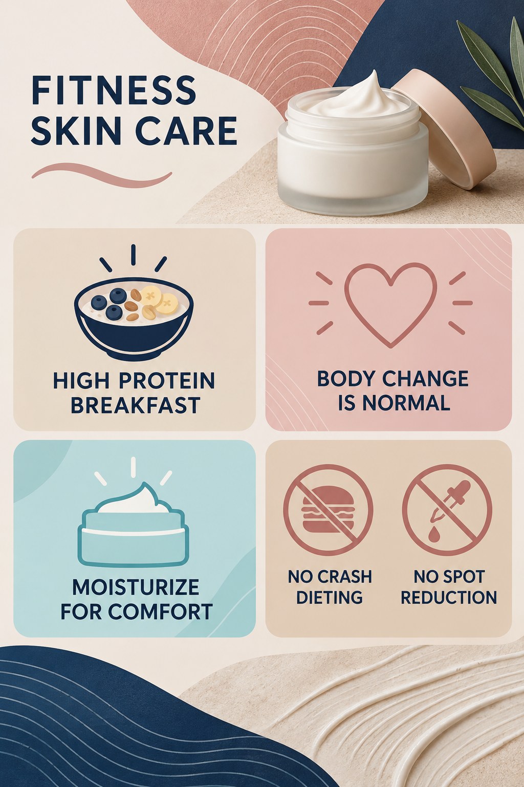 Fitness Skin Care Without Weight-Loss Claims infographic for High Protein Breakfast with four concise, body-neutral stretch-mark skincare points.
