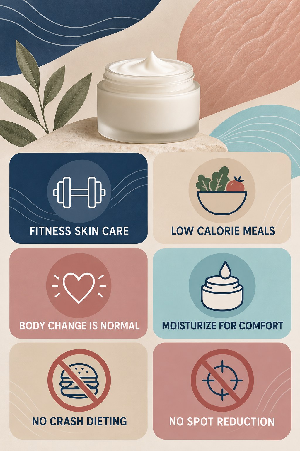 Fitness Skin Care Without Weight-Loss Claims infographic for Low Calorie Meals with four concise, body-neutral stretch-mark skincare points.