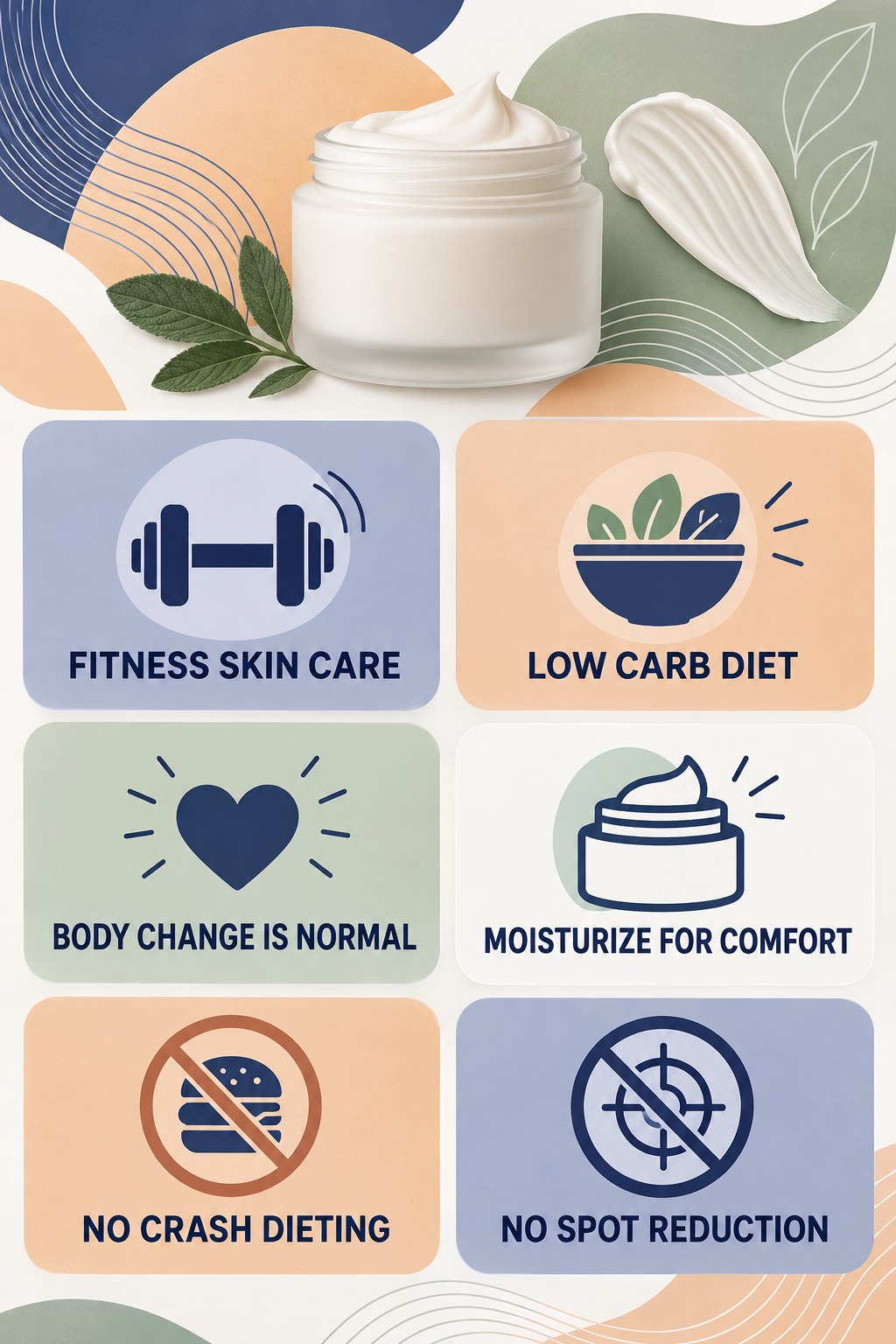 Fitness Skin Care Without Weight-Loss Claims infographic for Low Carb Diet with four concise, body-neutral stretch-mark skincare points.