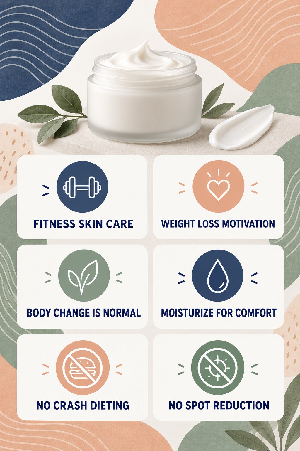 Fitness Skin Care Without Weight-Loss Claims infographic for Weight Loss Motivation with four concise, body-neutral stretch-mark skincare points.