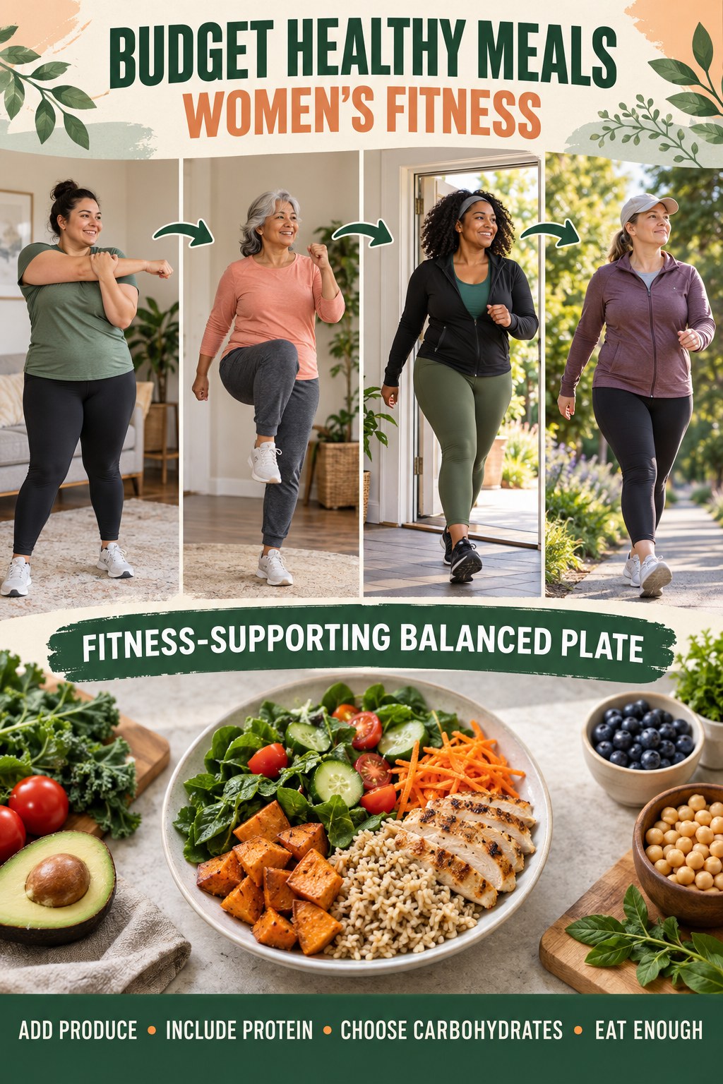 Budget Healthy Meals women’s fitness graphic titled Fitness-Supporting Balanced Plate with four practical training prompts.