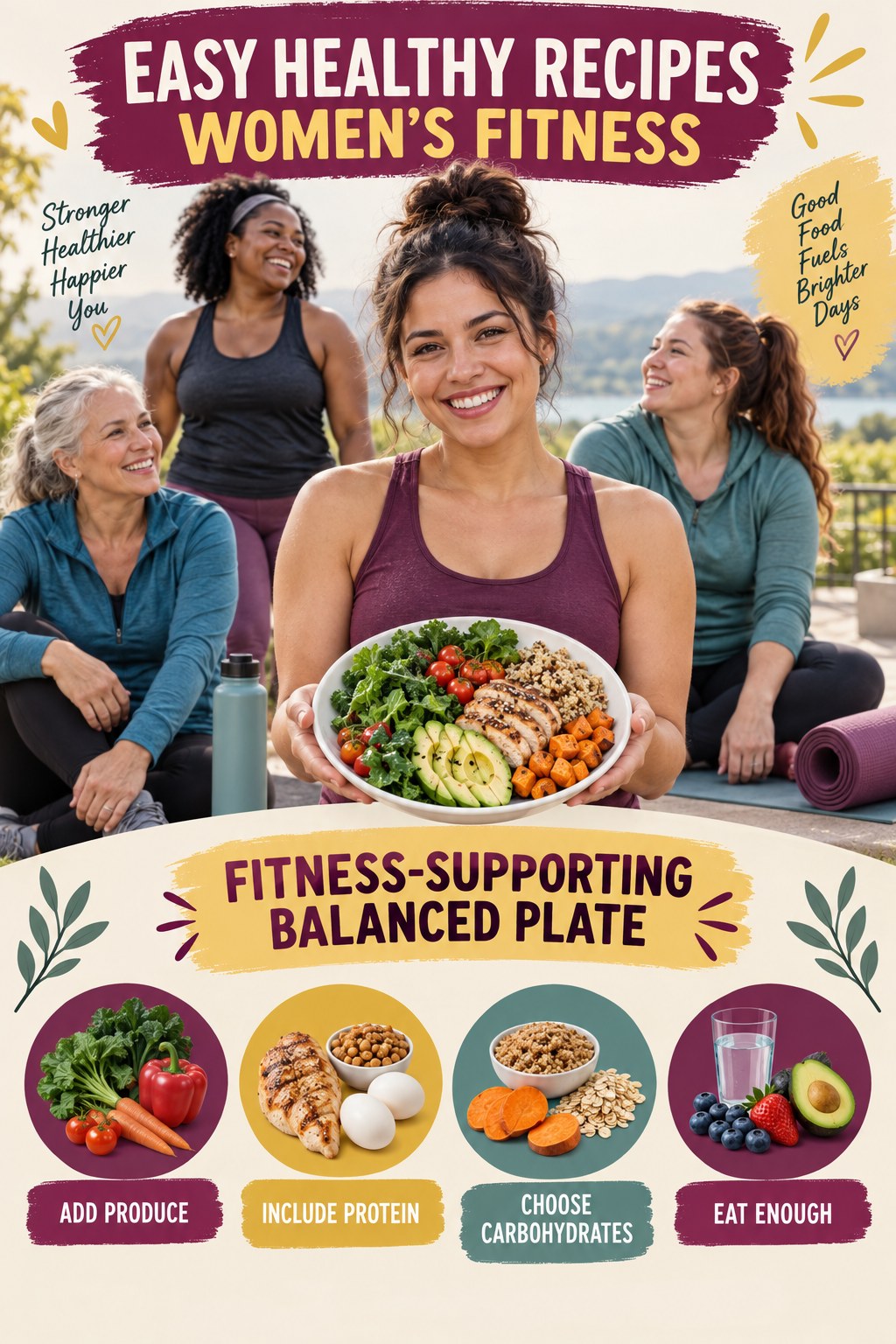 Easy Healthy Recipes women’s fitness graphic titled Fitness-Supporting Balanced Plate with four practical training prompts.