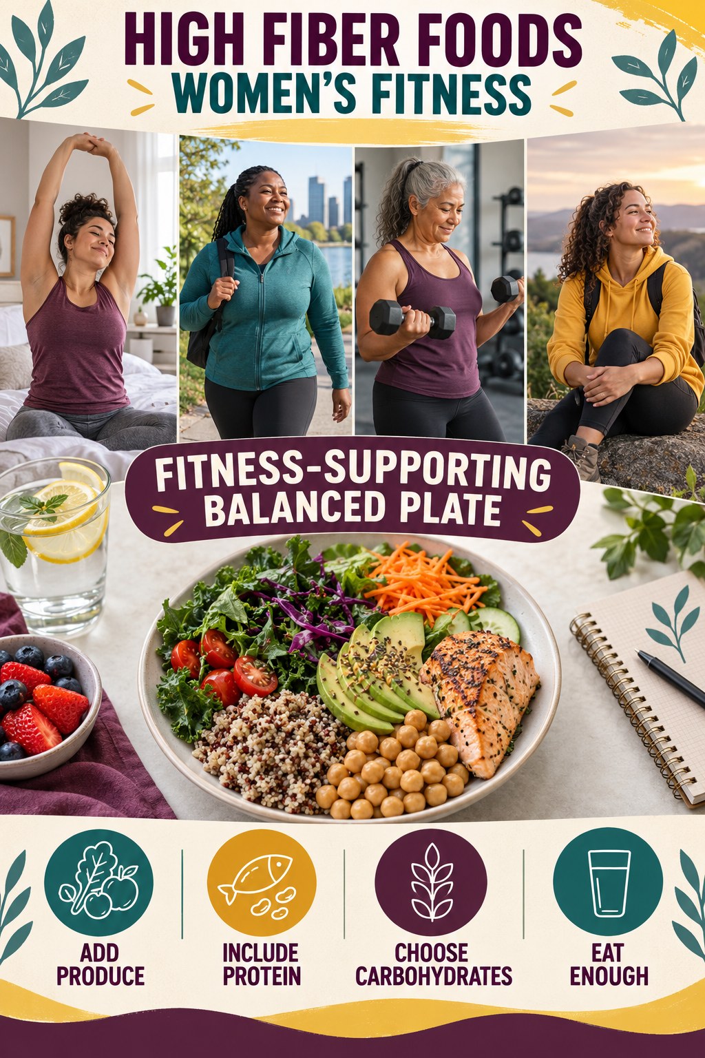 High Fiber Foods women’s fitness graphic titled Fitness-Supporting Balanced Plate with four practical training prompts.