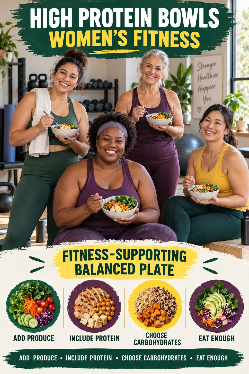 High Protein Bowls women’s fitness graphic titled Fitness-Supporting Balanced Plate with four practical training prompts.