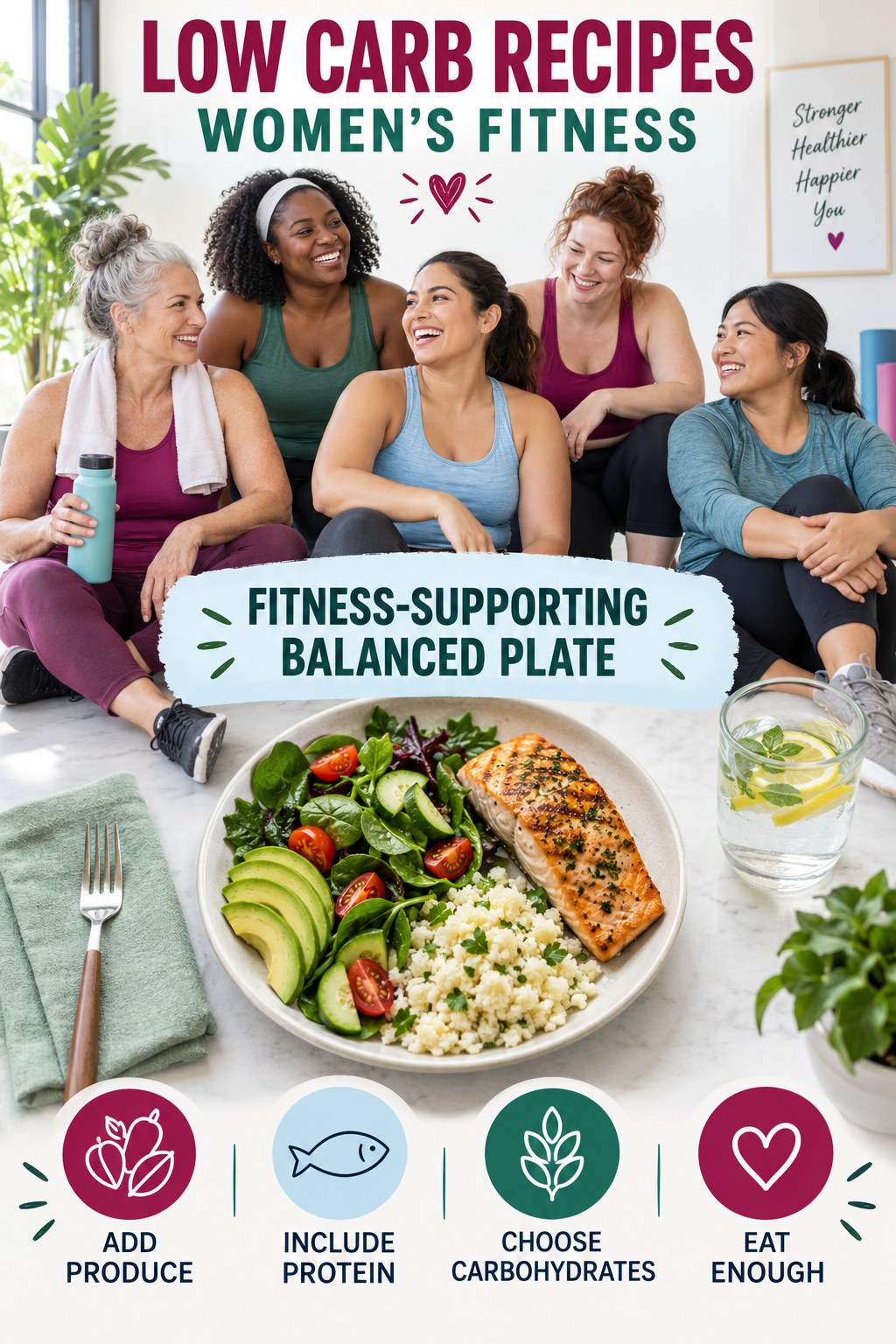 Low Carb Recipes women’s fitness graphic titled Fitness-Supporting Balanced Plate with four practical training prompts.