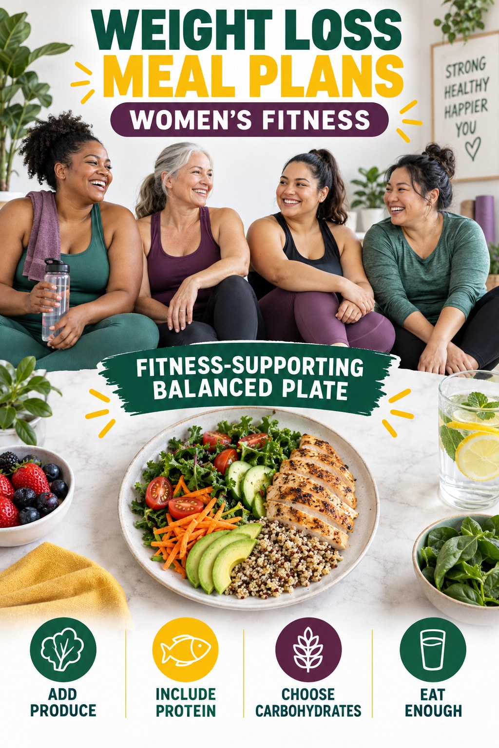Weight Loss Meal Plans women’s fitness graphic titled Fitness-Supporting Balanced Plate with four practical training prompts.